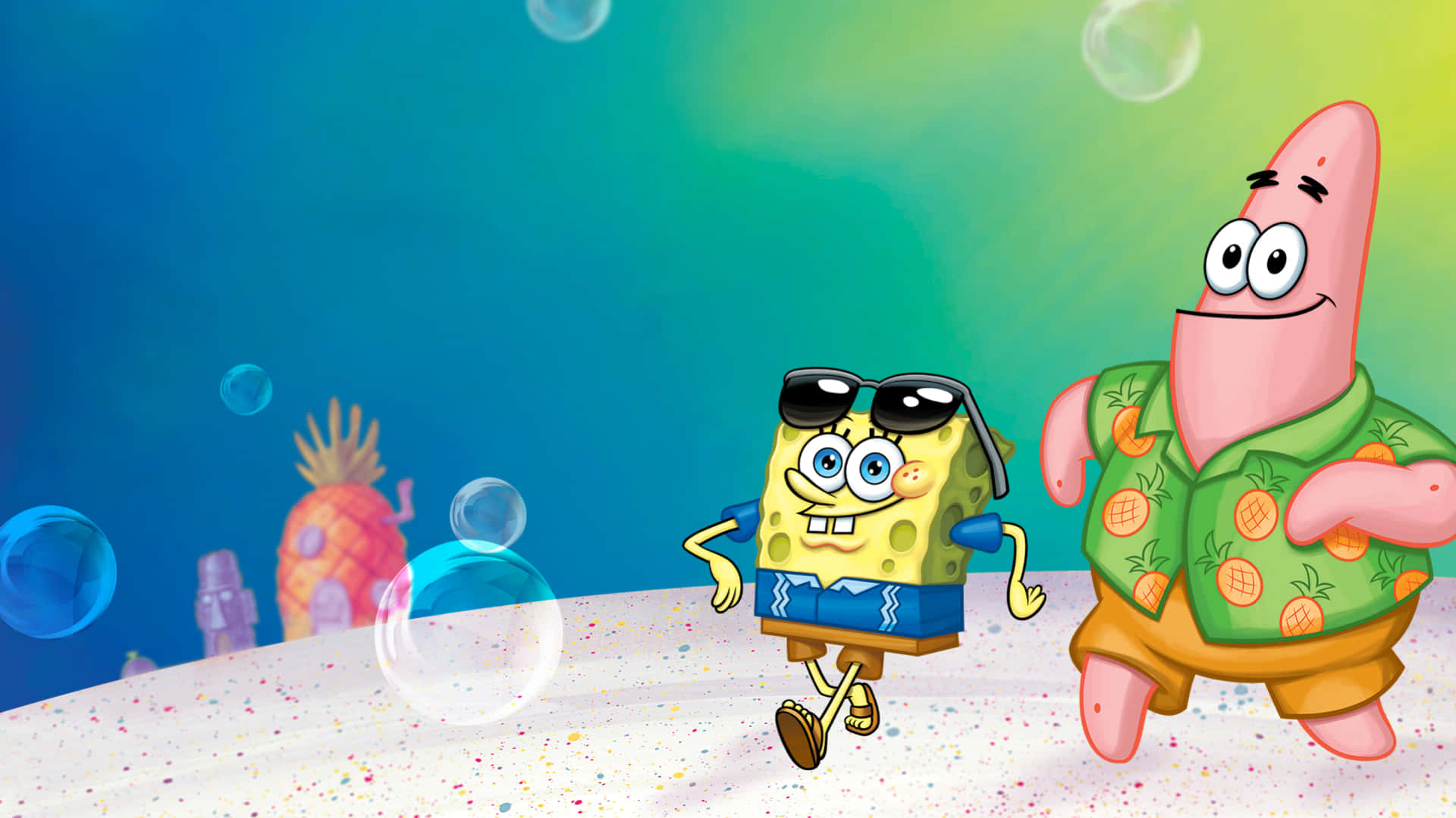nickelodeon 桌布 壁紙 — 海綿寶寶和派大星在沙質海底快樂奔跑，周圍漂浮著泡泡。