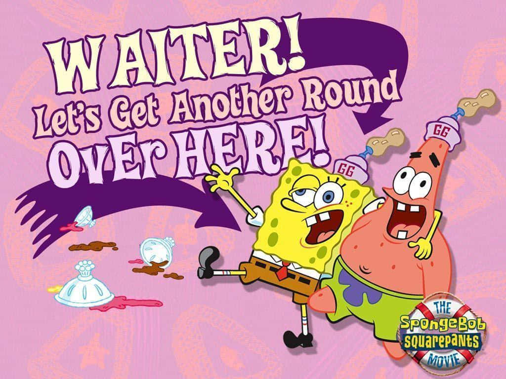 Spongebob Face 桌布 壁紙 — 海綿寶寶和派大星在混亂的卡通風格餐廳場景中，開心地要求再來一輪飲料。