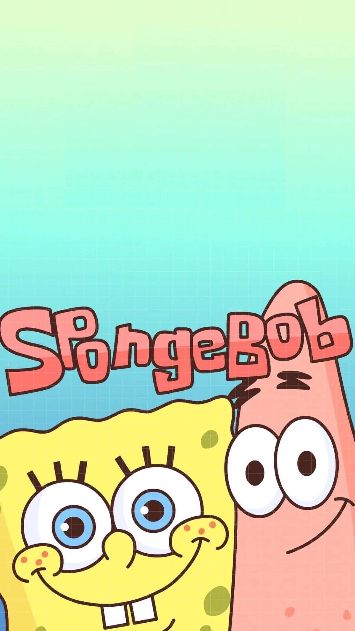 Aesthetic Spongebob 桌布 壁紙 — 海綿寶寶和派大星在漸層青綠色背景上燦爛微笑，節目名稱以粗體紅色字母顯示。