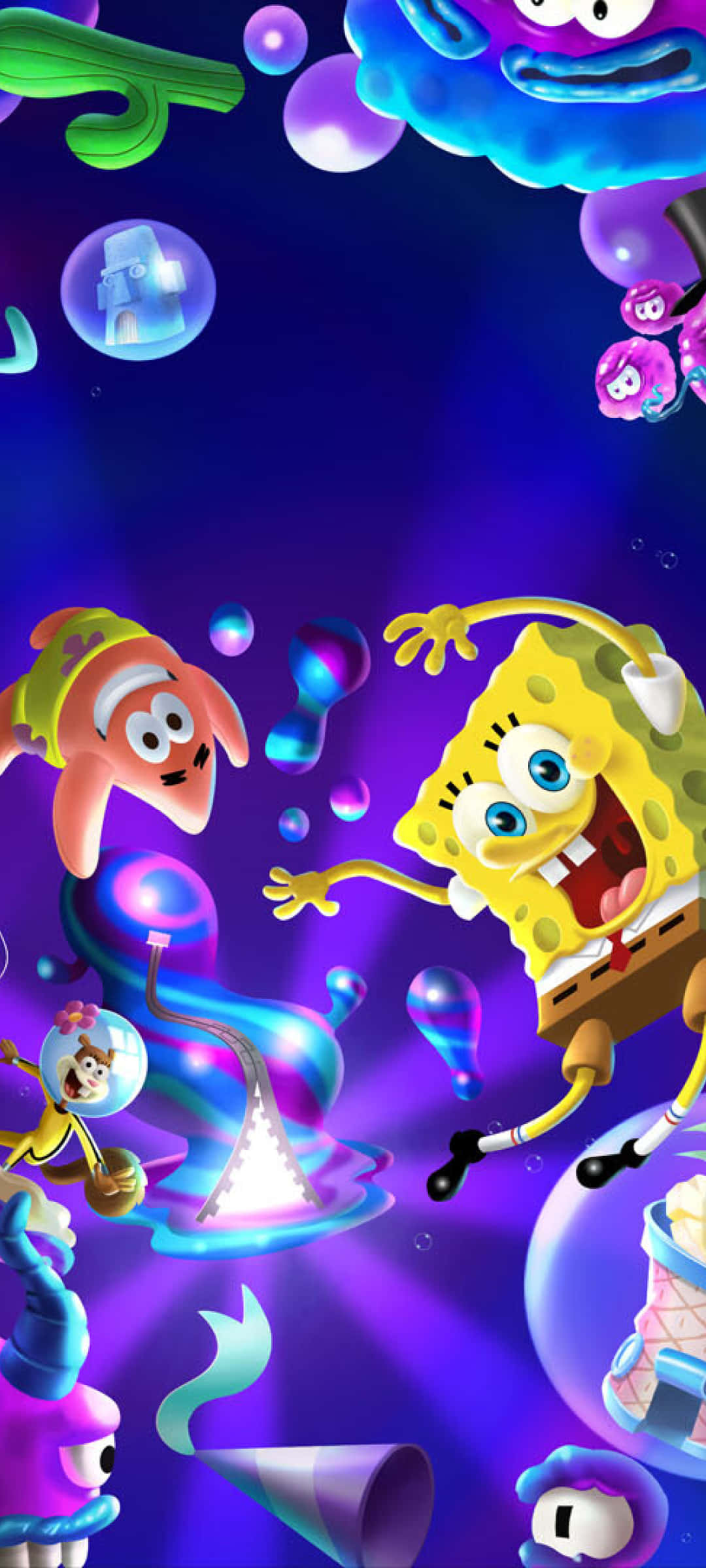 Spongebob And Patrick 桌布 壁紙 — 海綿寶寶和派大星在發光的泡泡和色彩繽紛的海洋生物中快樂地漂浮，構成充滿活力的海底場景。