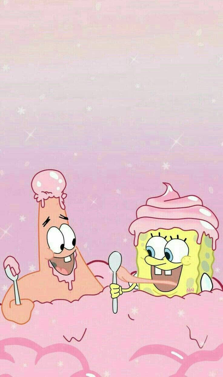 Best Friends Forever 桌布 壁紙 — 海綿寶寶和派大星在閃爍的粉彩天空下，用湯匙愉快地浸入粉紅色糖霜的海洋中。