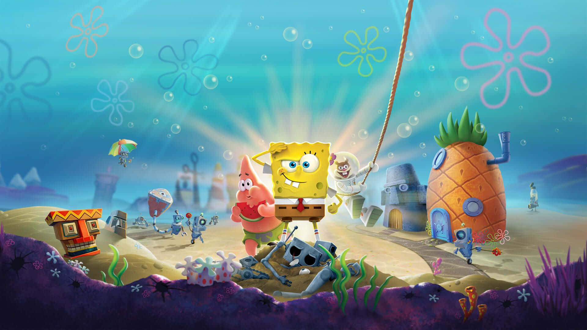 Spongebob Desktop 桌布 壁紙 — 海綿寶寶和派大星在陽光明媚的海底快樂地站著，背景是他們的鳳梨屋和朋友們。