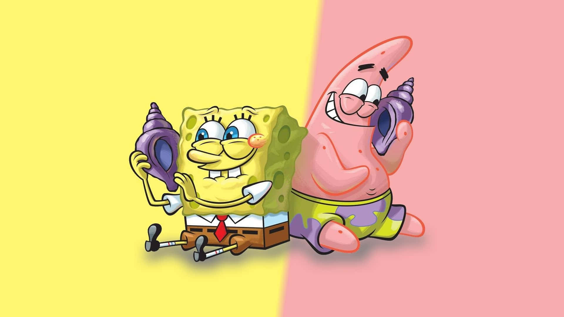 Spongebob And Patrick 桌布 壁紙 — 海綿寶寶和派大星在黃色和粉紅色的分割背景前開心地拿著紫色貝殼。