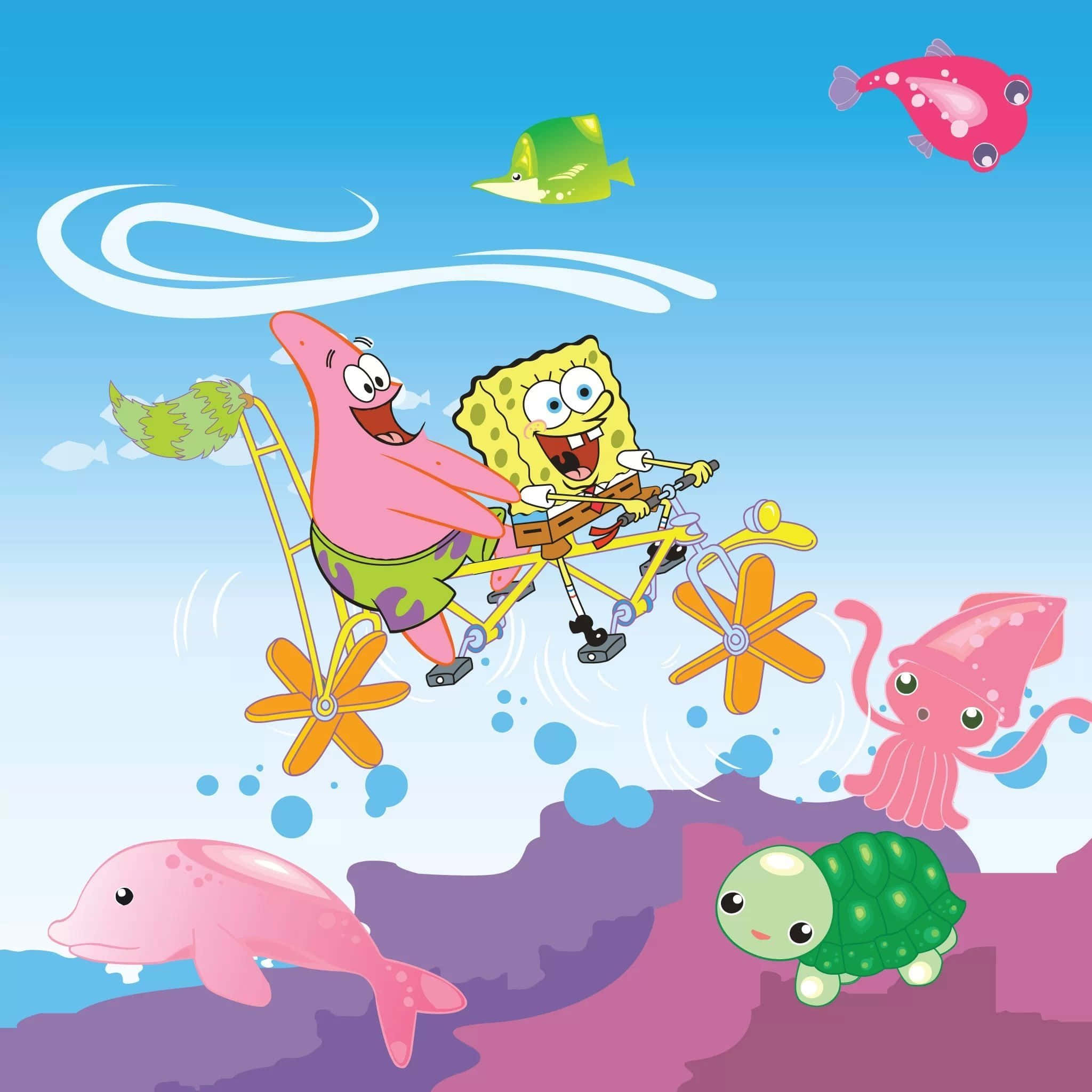 Cute Cartoon Characters 桌布 壁紙 — 海綿寶寶和派大星快樂地騎著雙人自行車穿過明亮的水下場景，周圍有友善的海洋生物。
