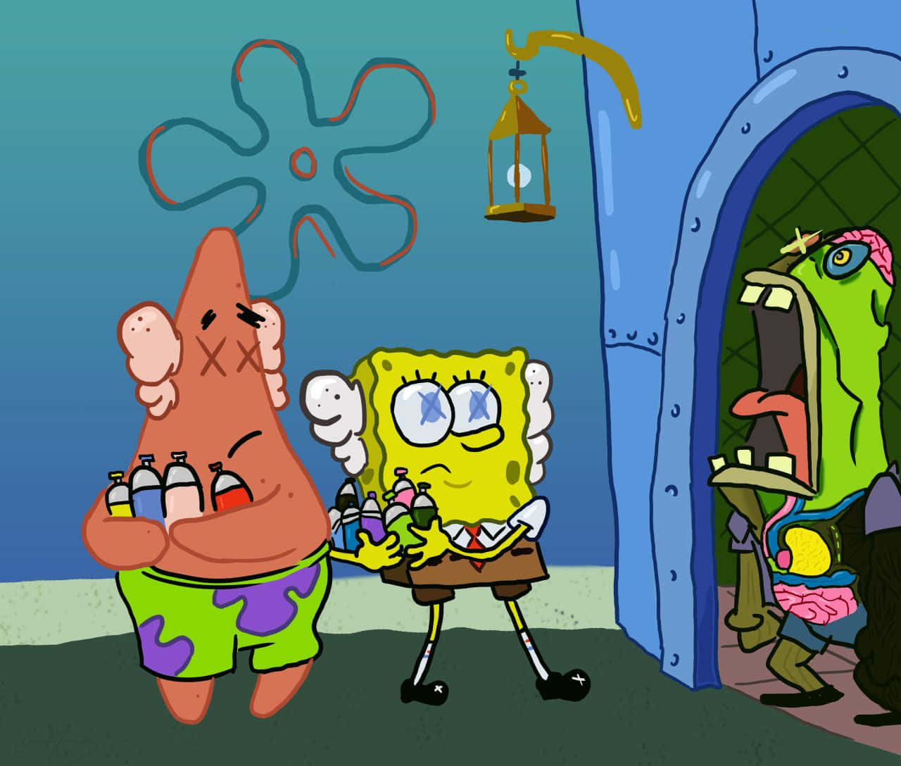 Kaws Spongebob 桌布 壁紙 — 海綿寶寶和派大星拿著瓶子，而一個綠色怪物在水下的門口尖叫。