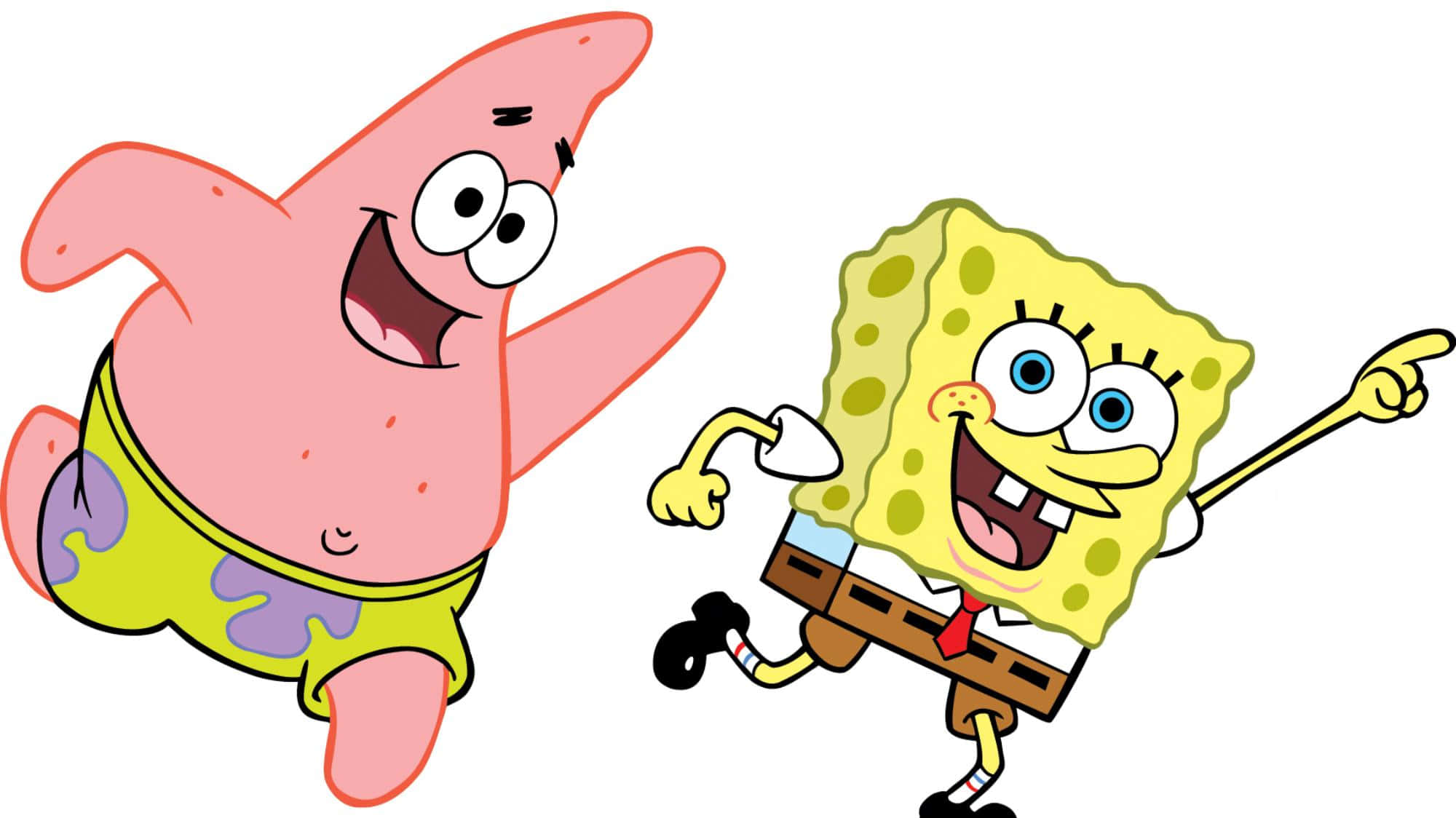 spongebob squarepants 桌布 壁紙 — 海綿寶寶和派大星海星在純白色背景前，張開雙臂，咧嘴大笑，歡快地向前跳躍。