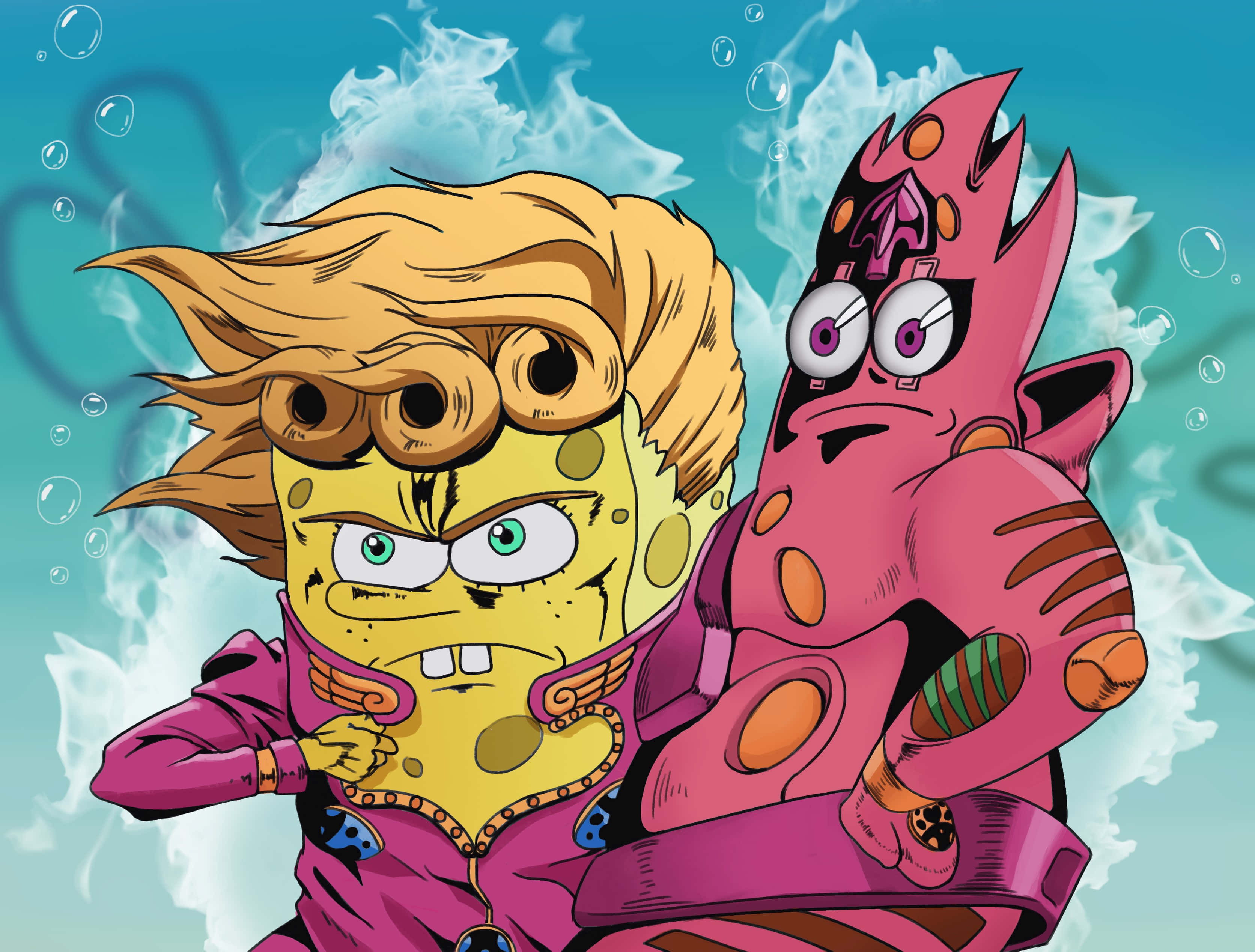 Vento Aureo 桌布 壁紙 — 海綿寶寶和派大星穿著JoJo風格服裝，在水下兇猛地擺姿勢，周圍有氣泡旋轉。