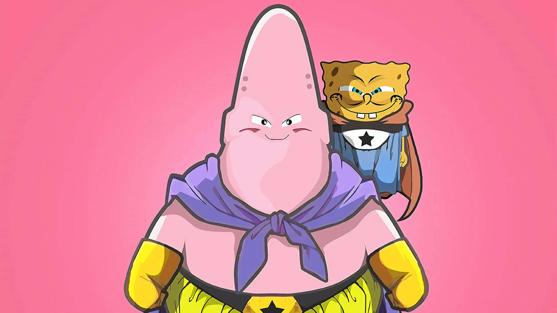 Buu 桌布 壁紙 — 海綿寶寶和派大星穿著龍珠Z風格的超級英雄服裝，背景為純粉色。