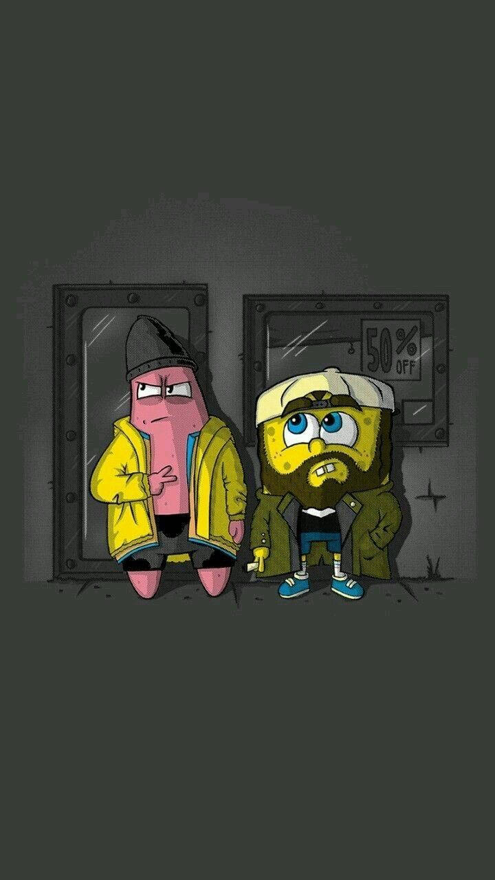 Spongebob And Patrick 桌布 壁紙 — 海綿寶寶和派大星站在昏暗的小巷裡，穿著外套和帽子，在50%折扣標誌附近看起來可疑。