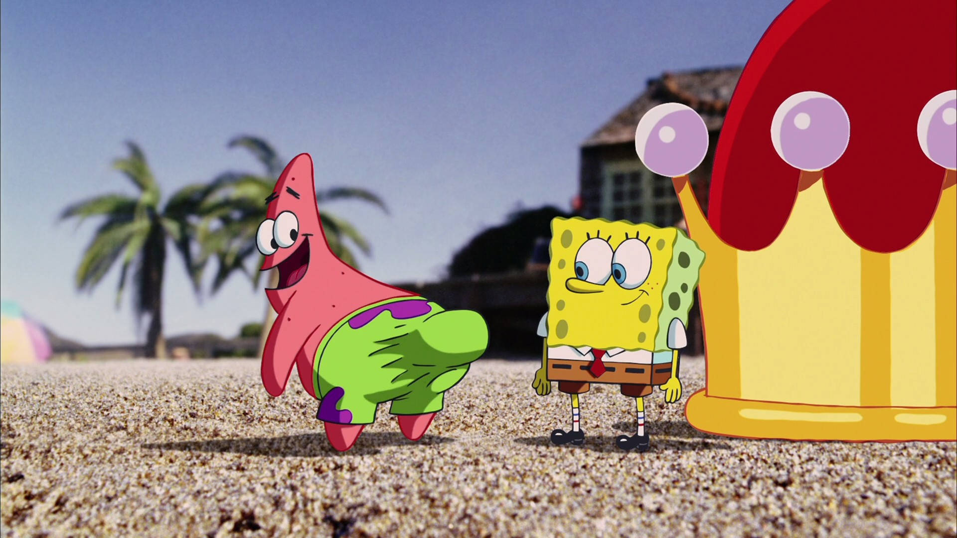 nickelodeon 桌布 壁紙 — 海綿寶寶和派大星站在陽光明媚的海灘上，旁邊有一個巨大的杯子蛋糕，上面有紫色糖粒和紅色糖霜。