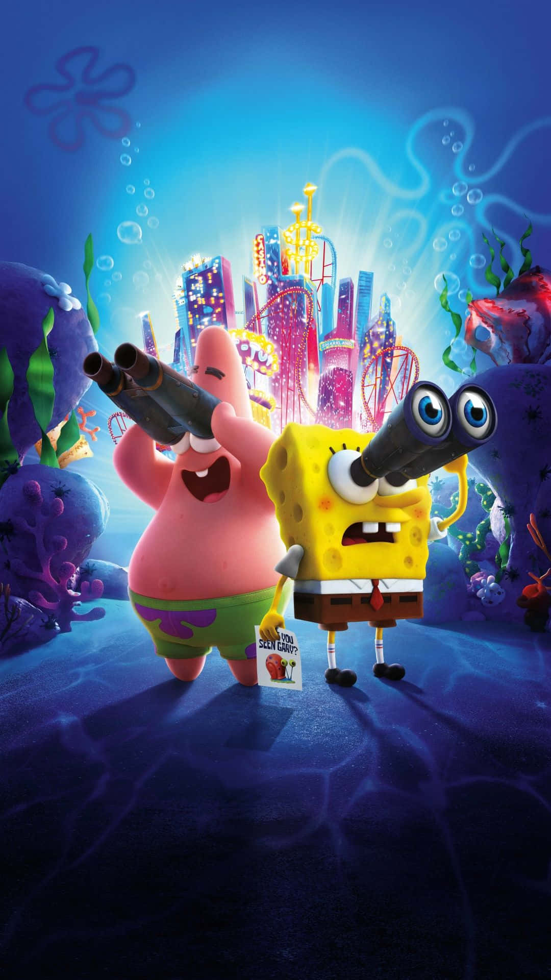 Spongebob Characters 桌布 壁紙 — 海綿寶寶和派大星透過望遠鏡凝視著在海洋表面下閃耀的耀眼霓虹燈水下城市。