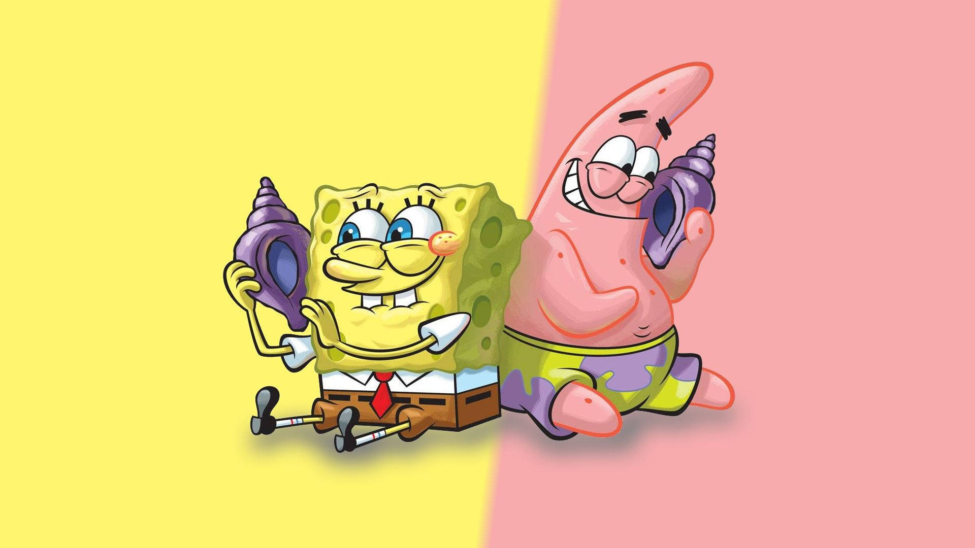 spongebob squarepants 桌布 壁紙 — 海綿寶寶和派大星開心地在黃色和粉紅色的分割背景前拿著紫色貝殼。