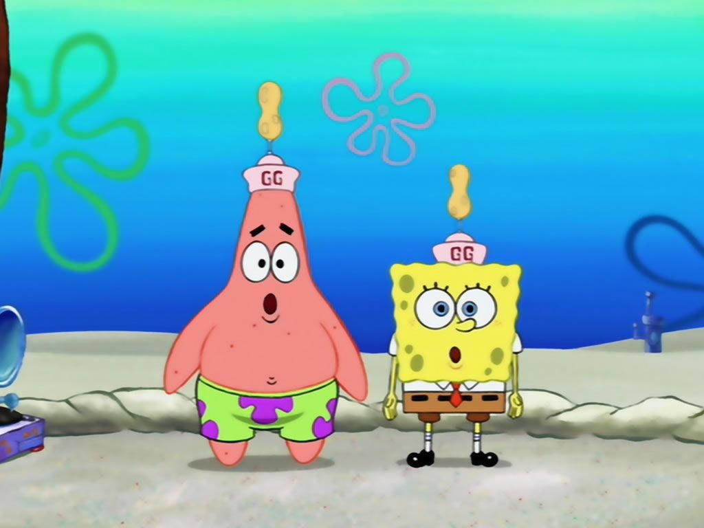Patrick 桌布 壁紙 — 海綿寶寶和派大星驚訝地站在水下，戴著相同的帶有花生頂的船員帽。