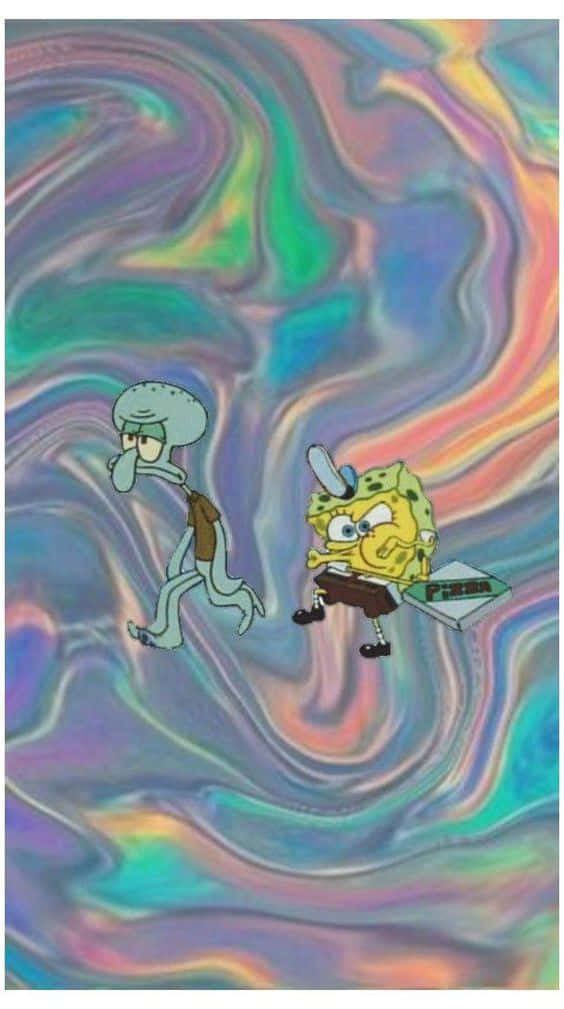 Aesthetic Squidward 桌布 壁紙 — 海綿寶寶和章魚哥走過一個旋轉的彩虹色虹彩迷幻背景。