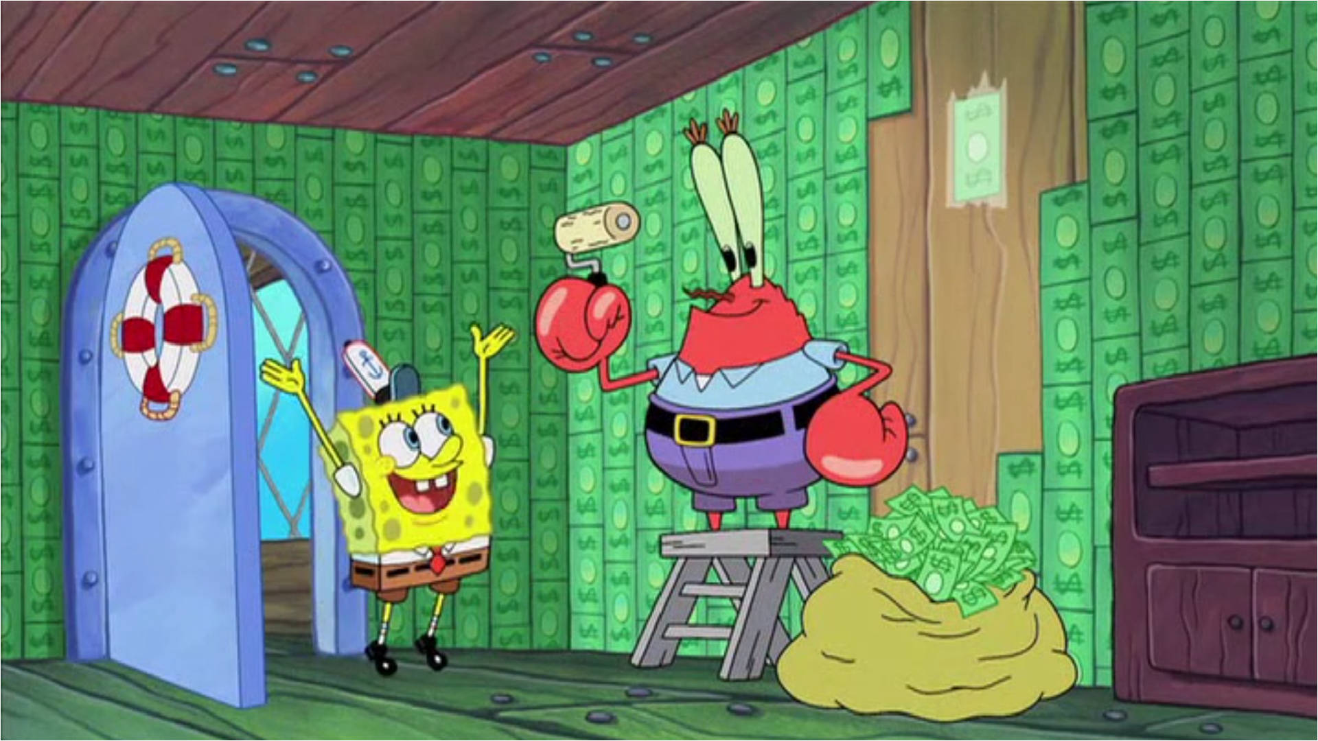 Mr Krabs 桌布 壁紙 — 海綿寶寶和蟹老闆在一個充滿金錢的房間裡，房間有綠色美元鈔票壁紙和一個救生圈門。