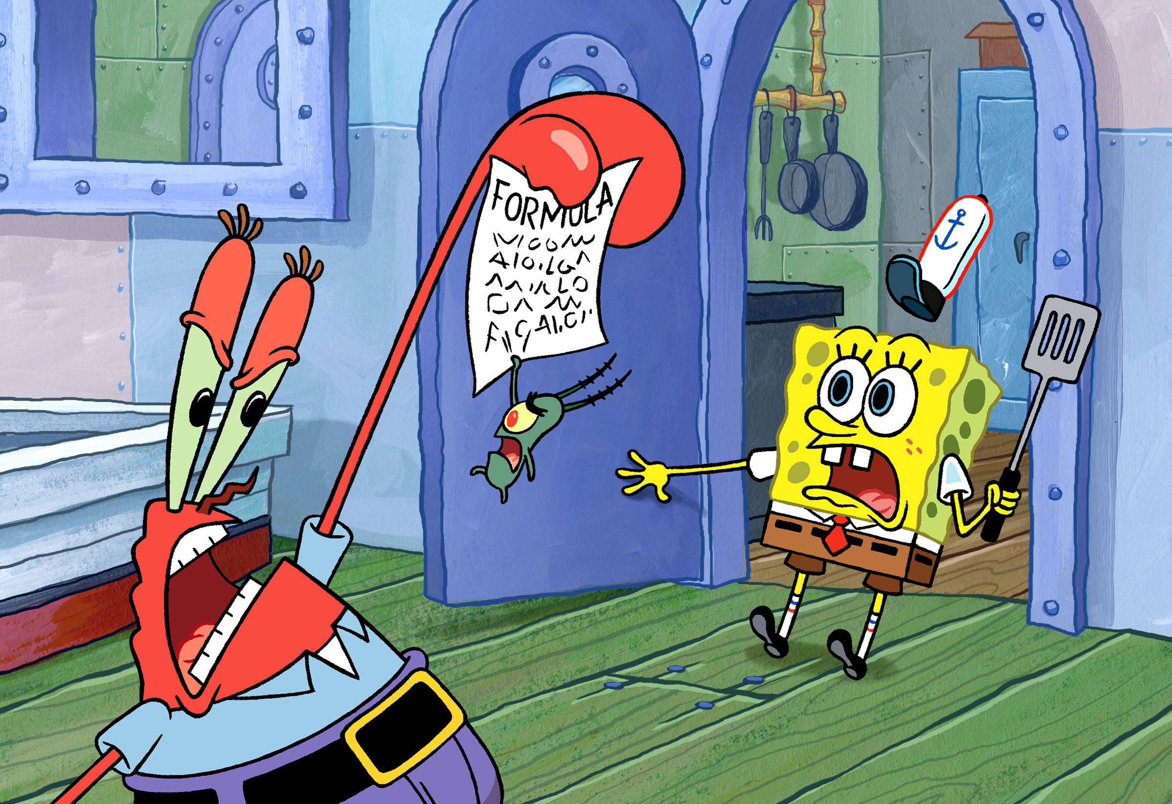Mr Krabs 桌布 壁紙 — 海綿寶寶和蟹老闆在一個混亂的廚房裡，有一隻飛行的螃蟹拿著配方紙條。