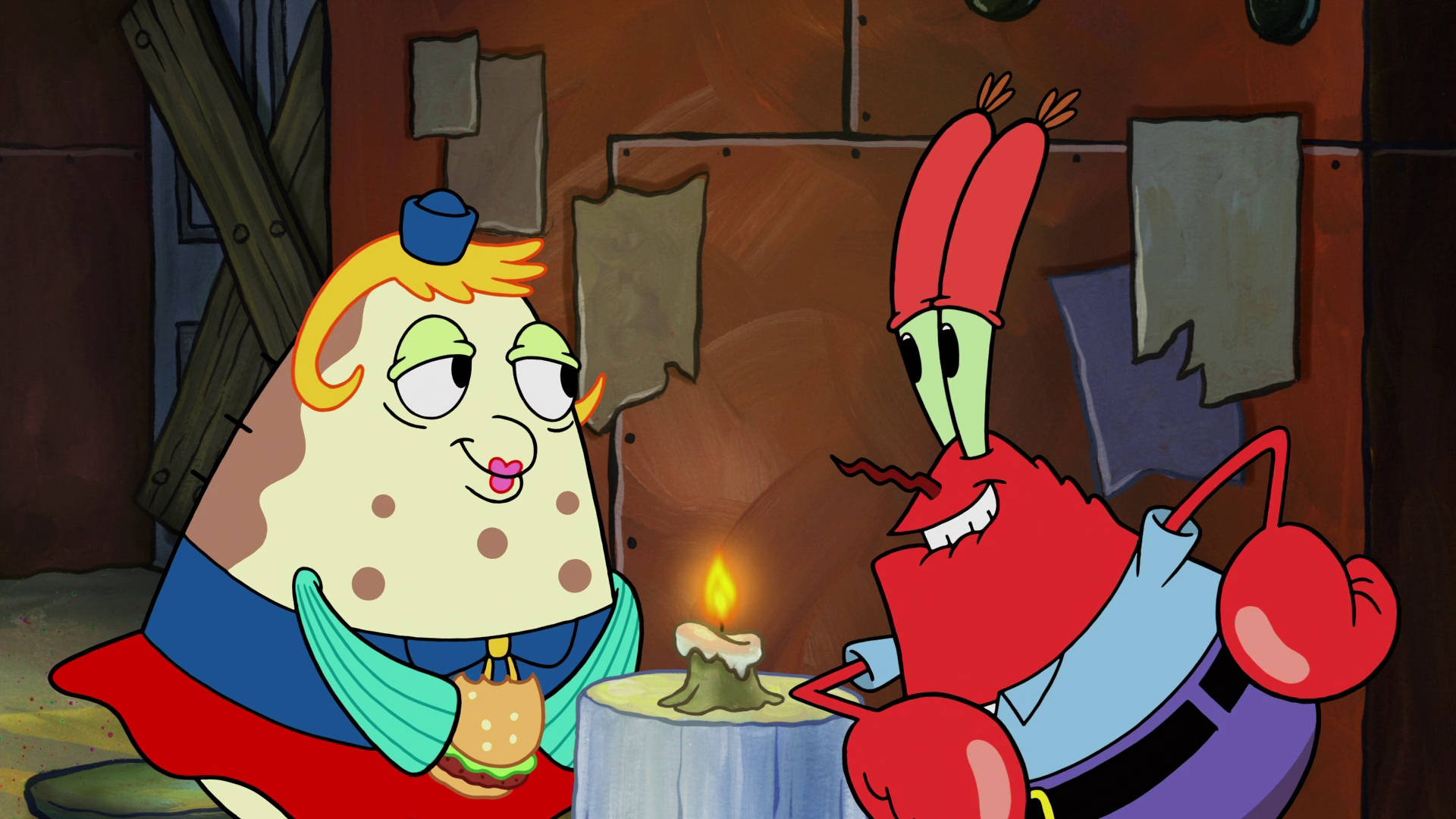 Mr Krabs 桌布 壁紙 — 海綿寶寶和蟹老闆在一個溫暖燈光、木牆的質樸水下酒館共享燭光晚餐。