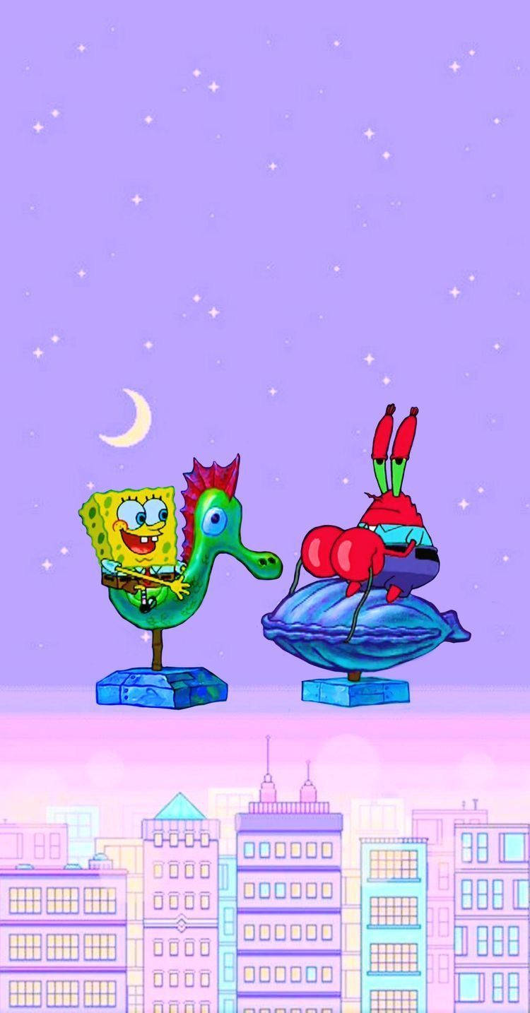 Mr Krabs 桌布 壁紙 — 海綿寶寶和蟹老闆騎著夢幻海洋生物，在星空紫色天空和彎月下，飛越粉彩城市。