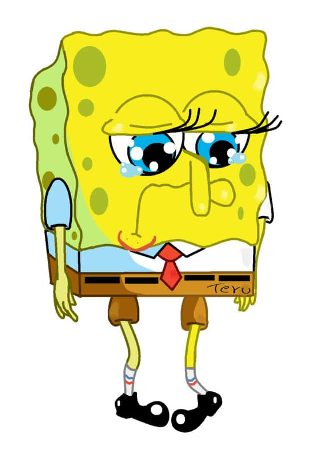 Spongebob Face 桌布 壁紙 — 海綿寶寶哭泣時，淚水從他藍色的大眼睛中落下，戴著他標誌性的紅色領帶。