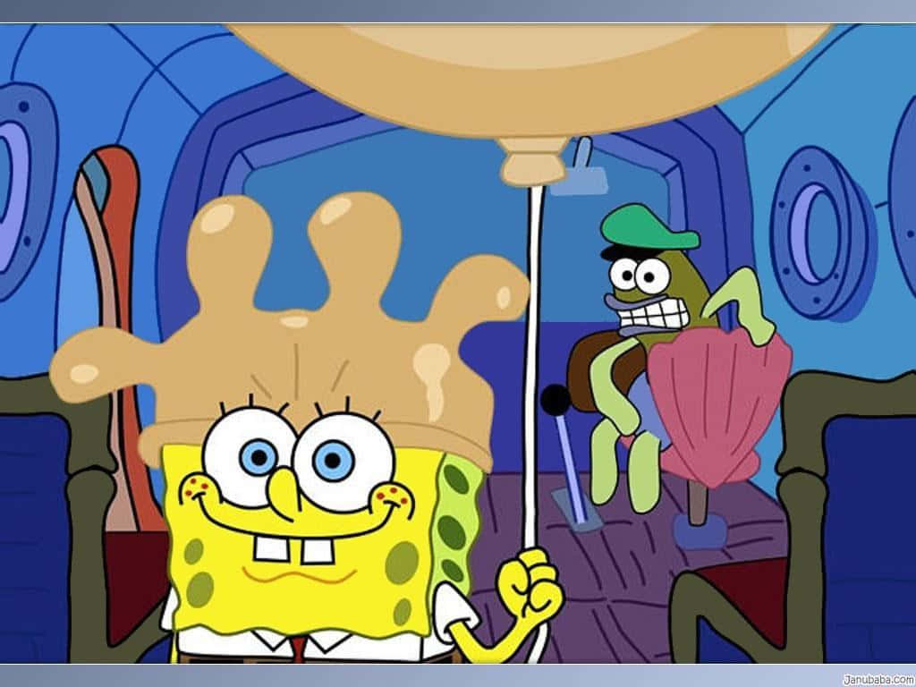 Spongebob Face 桌布 壁紙 — 海綿寶寶在他的鳳梨屋裡開心微笑，手裡拿著一盞燈，派大星從後面偷看。