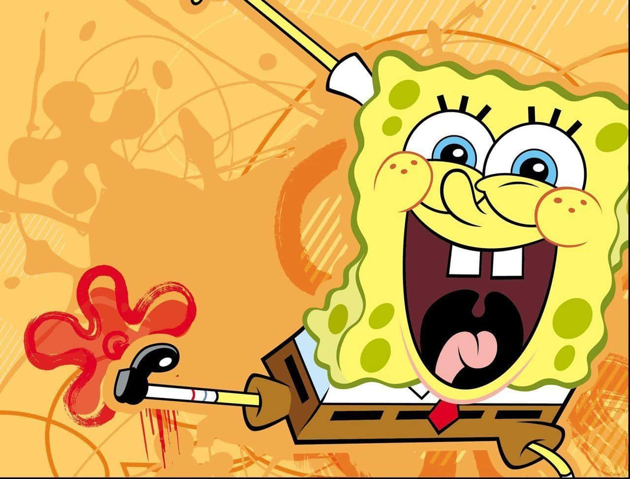 Spongebob Face 桌布 壁紙 — 海綿寶寶在充滿活力的橙色背景上，伴隨著紅色飛濺，愉快地揮舞著錘子。
