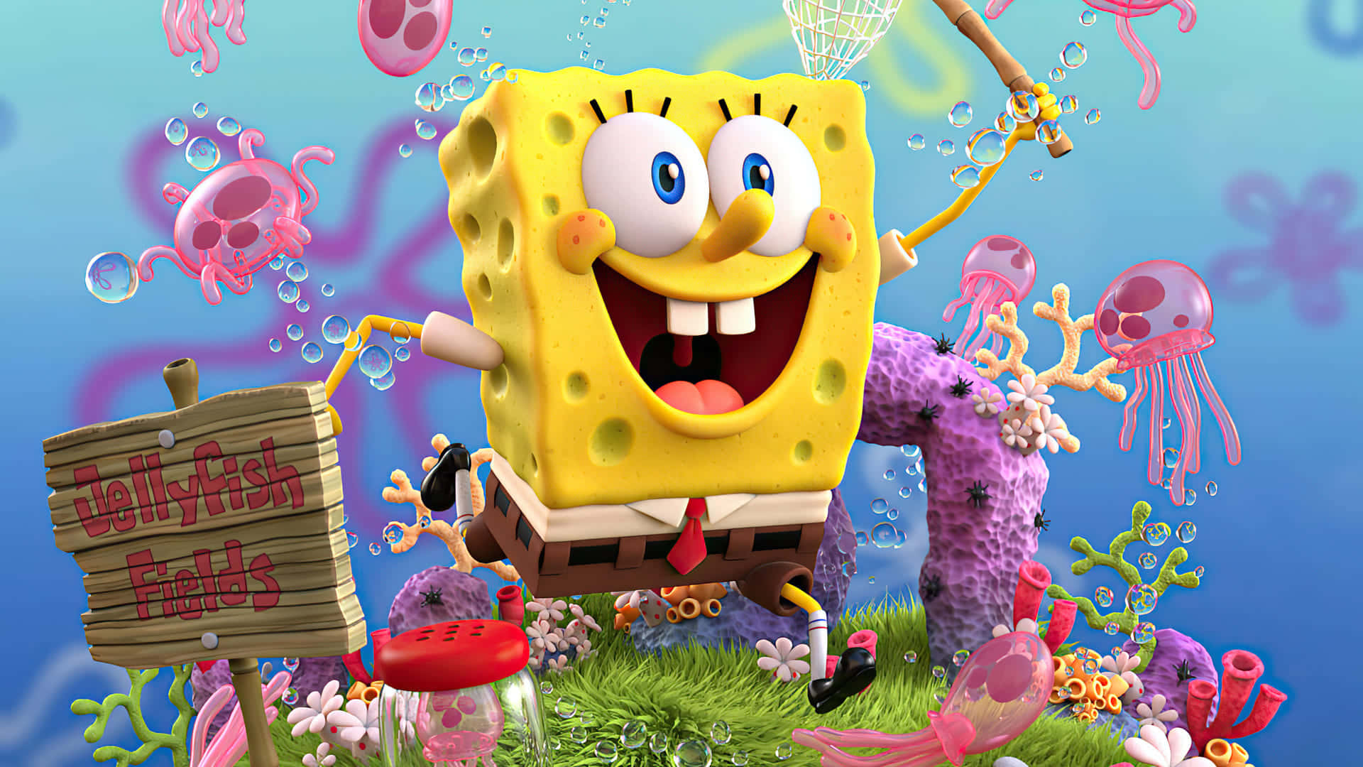 Spongebob Desktop 桌布 壁紙 — 海綿寶寶在充滿活力的水下海月水母田中快樂地拿著釣魚竿和標誌牌。