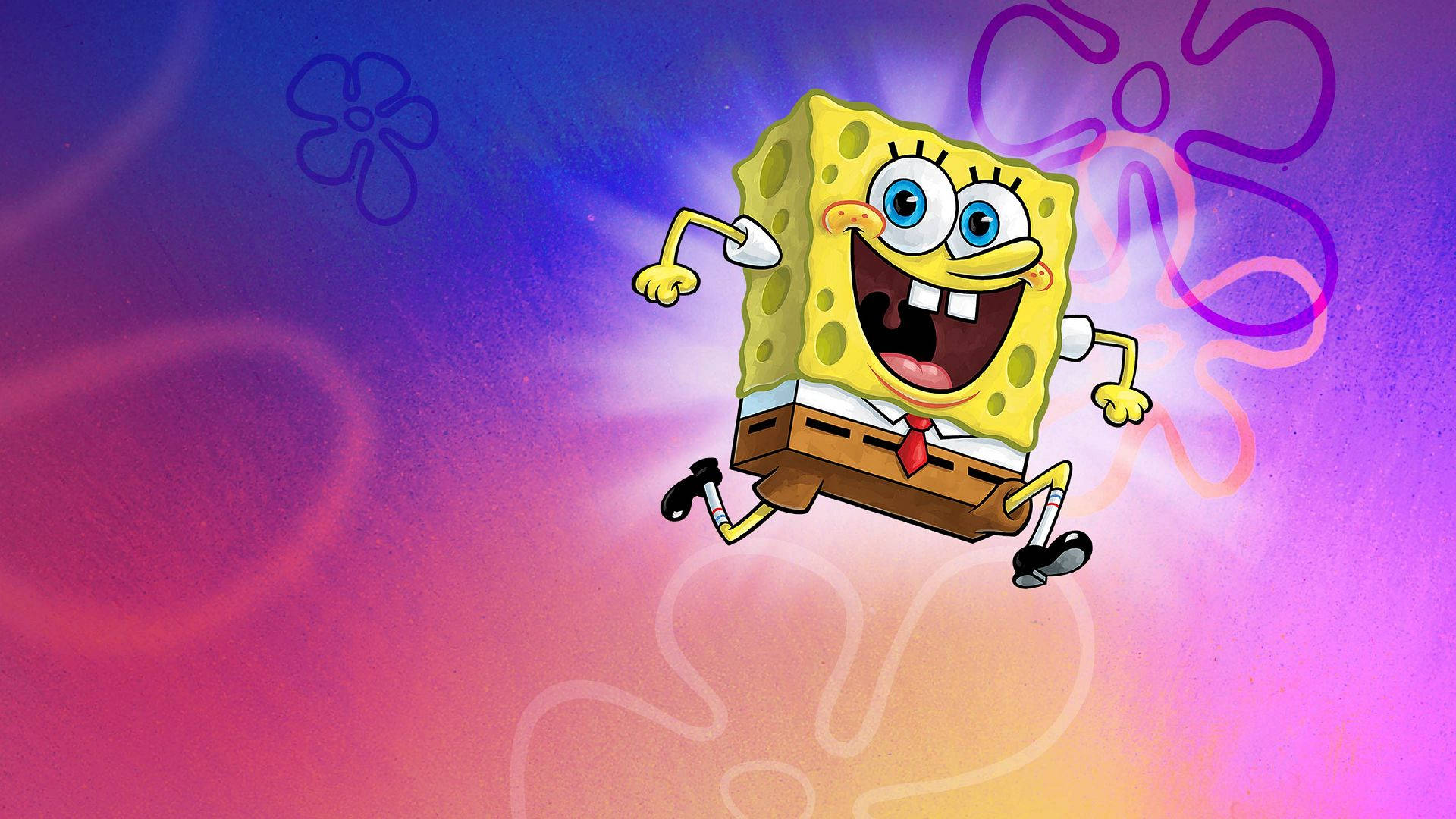Spongebob Cool 桌布 壁紙 — 海綿寶寶在充滿活力的紫色和粉紅色漸變背景上，帶著發光的輪廓快樂地跳躍。