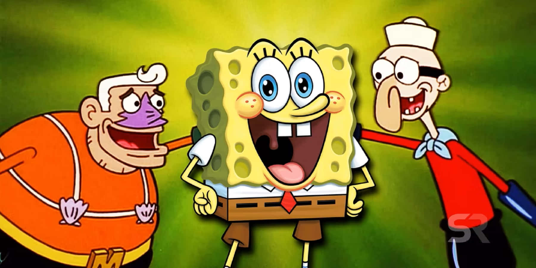 Mermaid Man 桌布 壁紙 — 海綿寶寶在充滿活力的綠色漸變背景前，在兩個動畫角色之間快樂地綻放笑容。