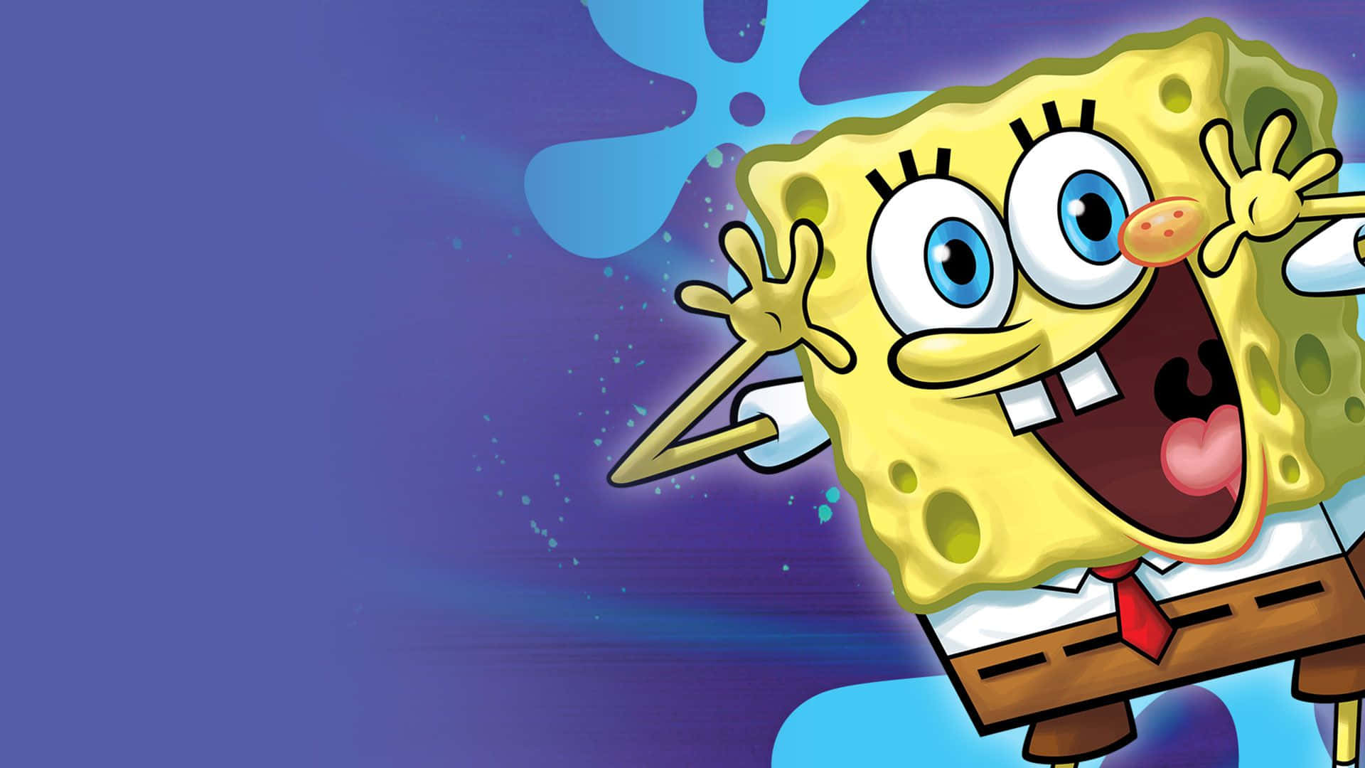 Spongebob Desktop 桌布 壁紙 — 海綿寶寶在充滿活力的藍色海底背景下，咧嘴大笑，開心地揮手。