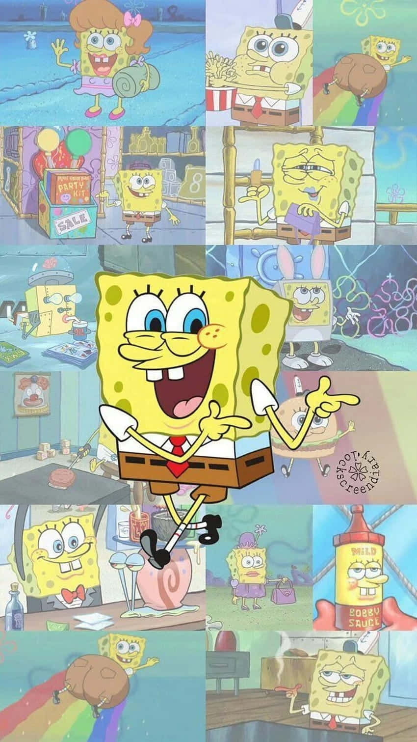 Aesthetic Spongebob 桌布 壁紙 — 海綿寶寶在動畫系列中各種歡樂和喜劇場景的充滿活力的拼貼畫。