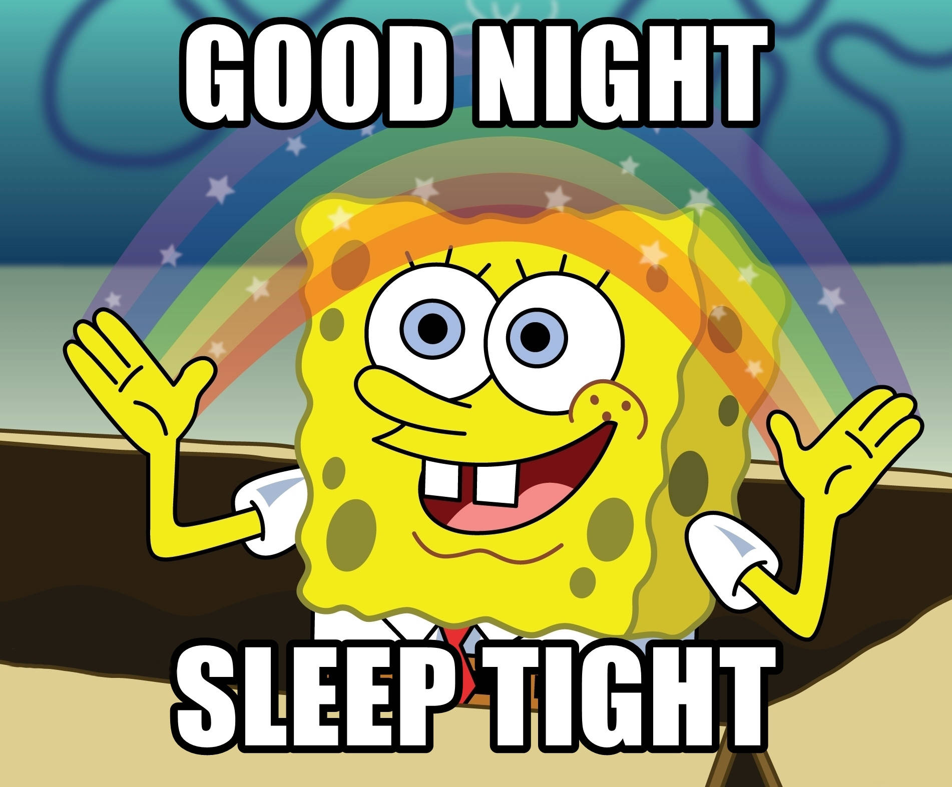 Good Night 桌布 壁紙 — 海綿寶寶在彩虹下與星星一起愉快地揮手，文字寫著晚安，睡個好覺。