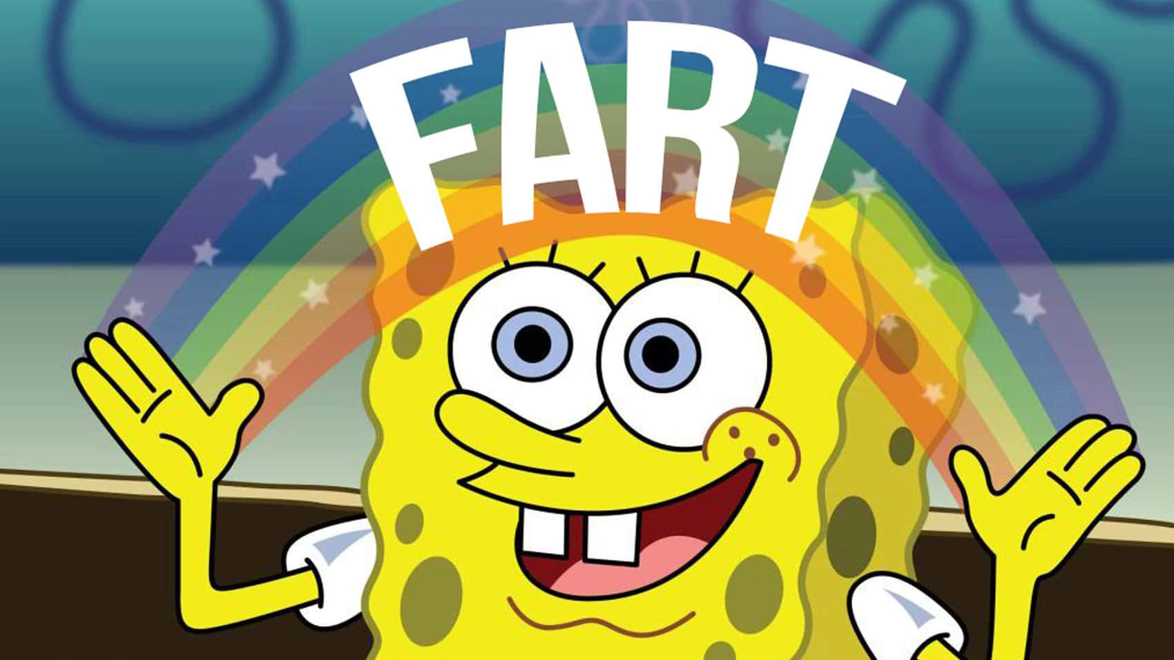 Fart 桌布 壁紙 — 海綿寶寶在彩虹後面開心舉起雙臂，而FART這個字以粗體字在他上方彎曲。