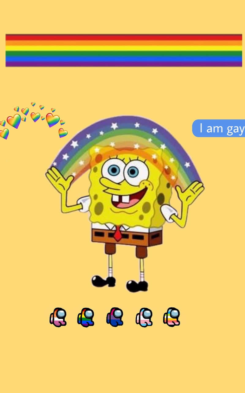 海綿寶寶在彩虹下，帶有彩虹愛心和「I am gay」文字。 — Among US 壁紙
