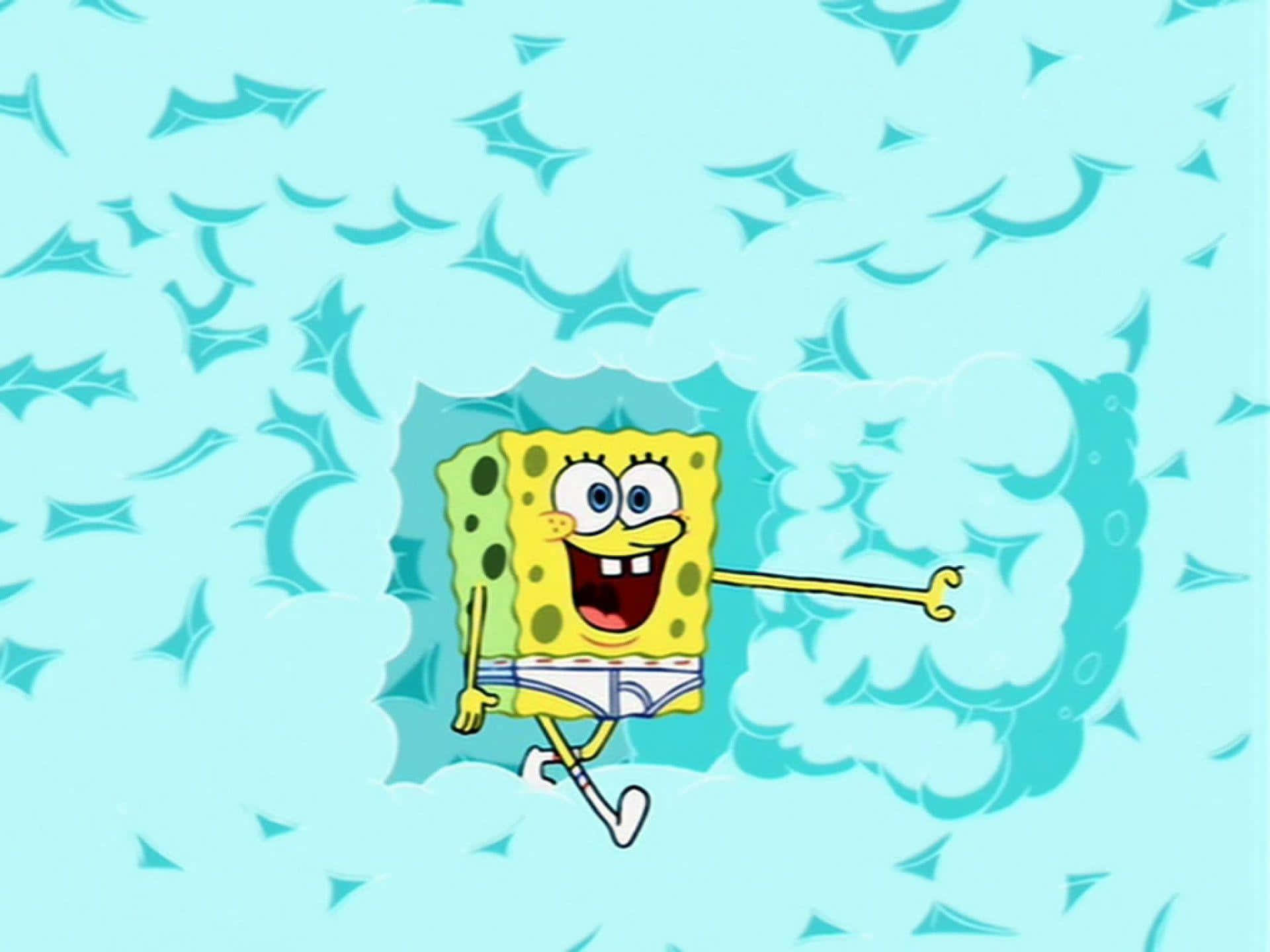 spongebob squarepants 桌布 壁紙 — 海綿寶寶在明亮的藍綠色水下場景中快樂地穿過泡泡海奔跑。