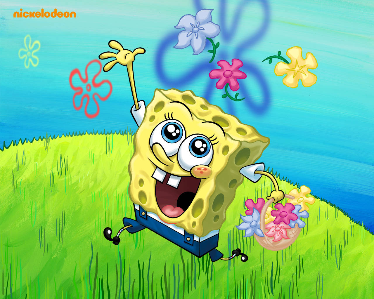 Spongebob Cool 桌布 壁紙 — 海綿寶寶在晴朗的藍天下，拿著一籃色彩繽紛的花朵，開心地跑過草地山丘。