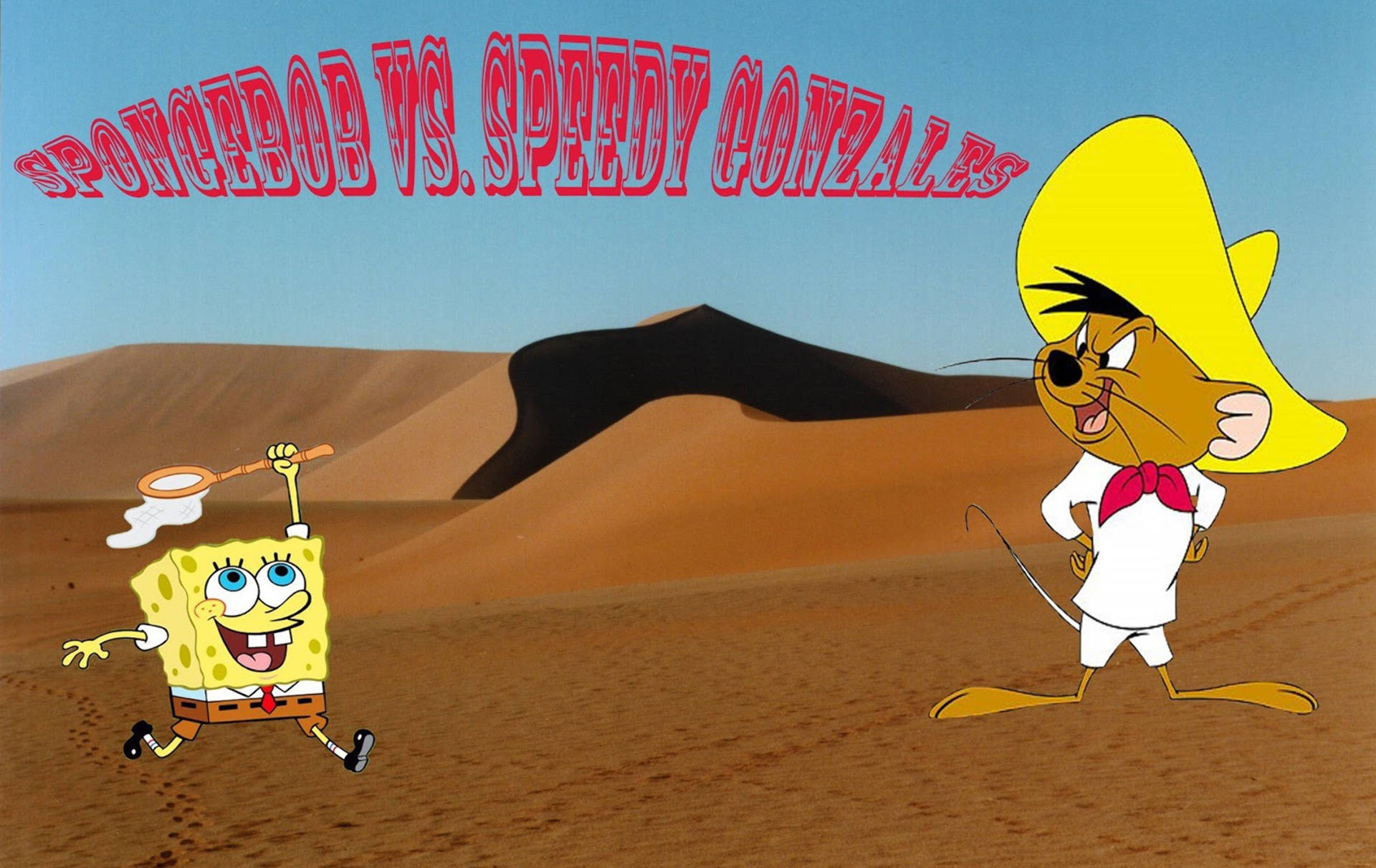 Speedy Gonzales 桌布 壁紙 — 海綿寶寶在晴朗藍天下的沙漠場景中快樂地跑向快腳多寶
