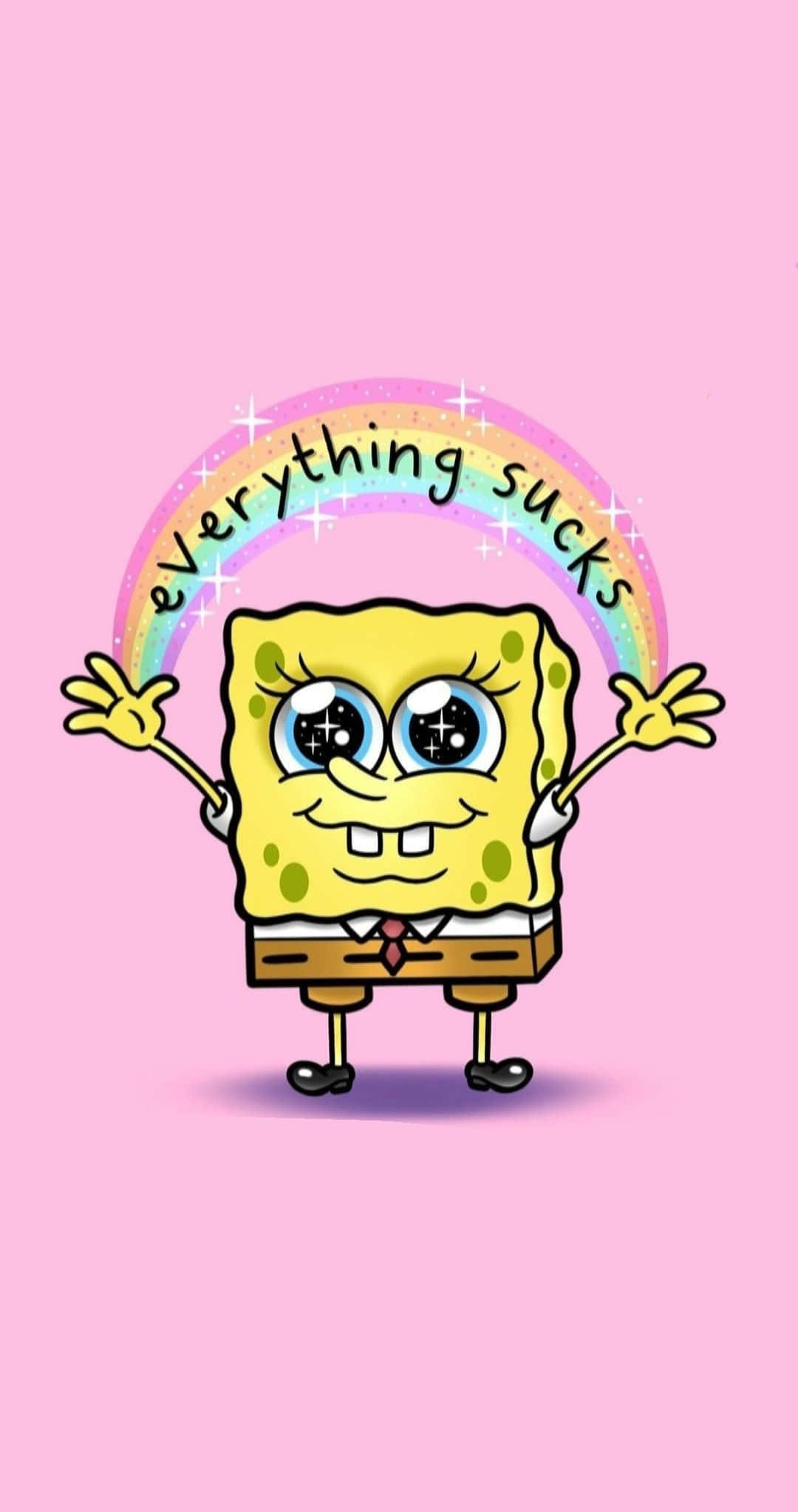 Aesthetic Spongebob 桌布 壁紙 — 海綿寶寶在柔和粉紅色背景上，於一道帶有「一切都很糟糕」文字的拱形彩虹下愉快地揮手。