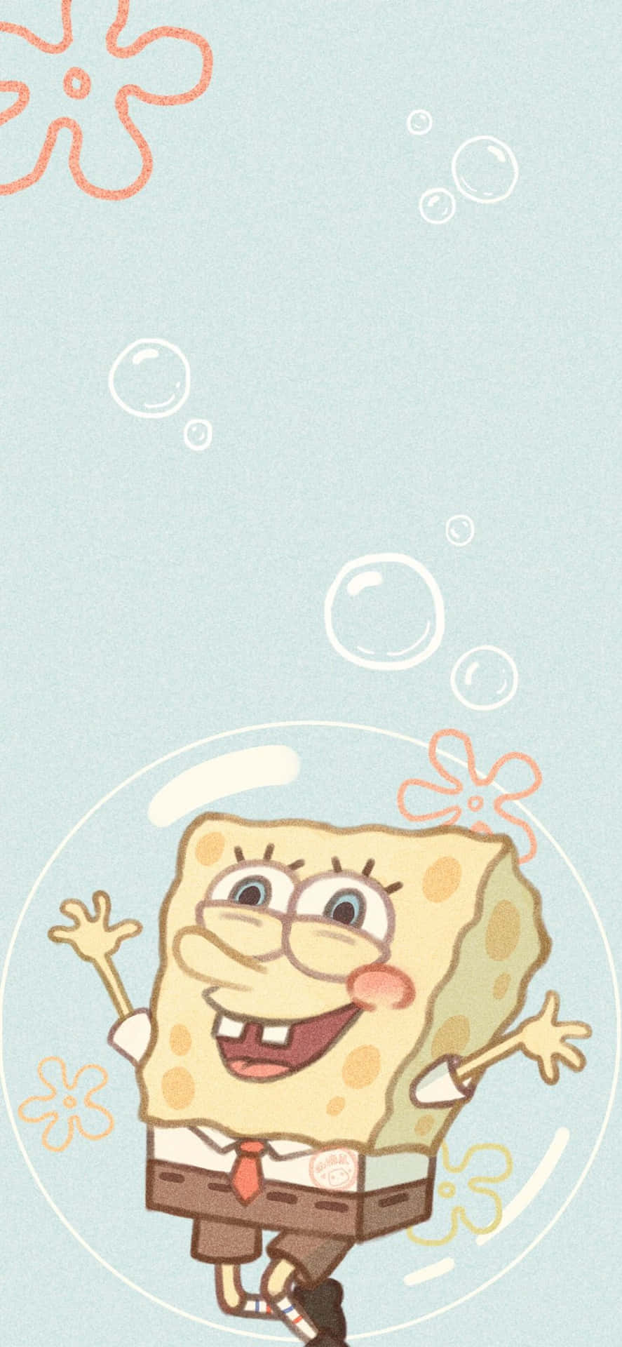 Aesthetic Spongebob 桌布 壁紙 — 海綿寶寶在水下微笑，周圍環繞著氣泡和珊瑚，呈現歡樂的卡通場景。