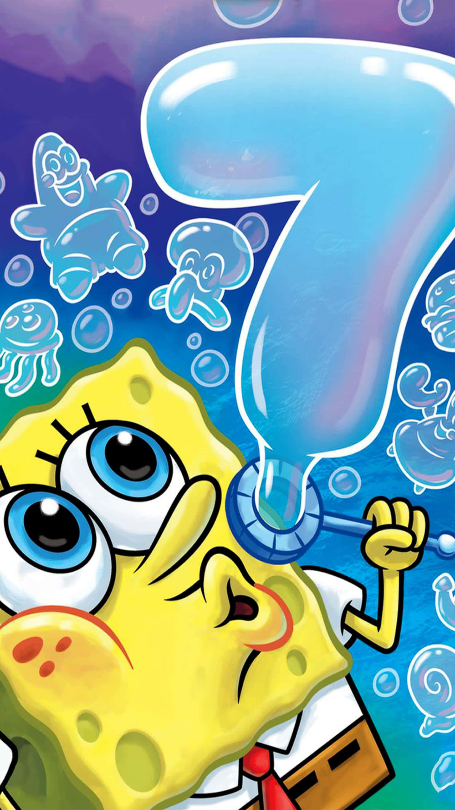 spongebob squarepants 桌布 壁紙 — 海綿寶寶在水底吹出一個巨大泡泡，水母和派大星在附近漂浮。