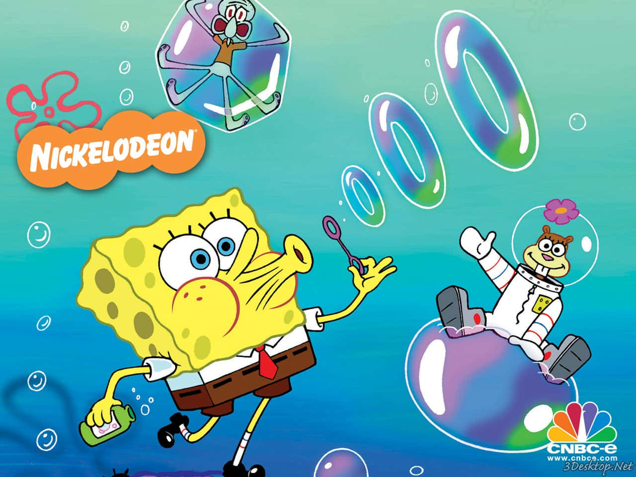 Spongebob Characters 桌布 壁紙 — 海綿寶寶在水底吹出彩虹泡泡，而派大星和珊迪在附近的泡泡中漂浮。