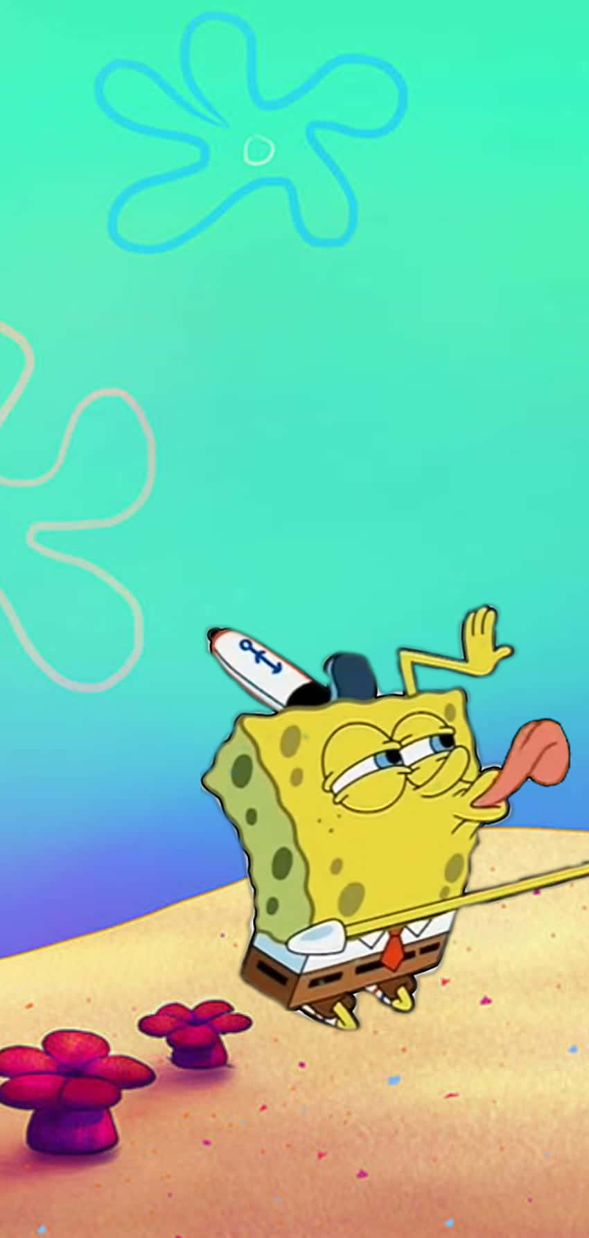 海绵宝宝 桌布 壁紙 — 海綿寶寶在沙質海底上，伴隨著色彩繽紛的珊瑚和藍綠色漸變背景，愉快地揮手。