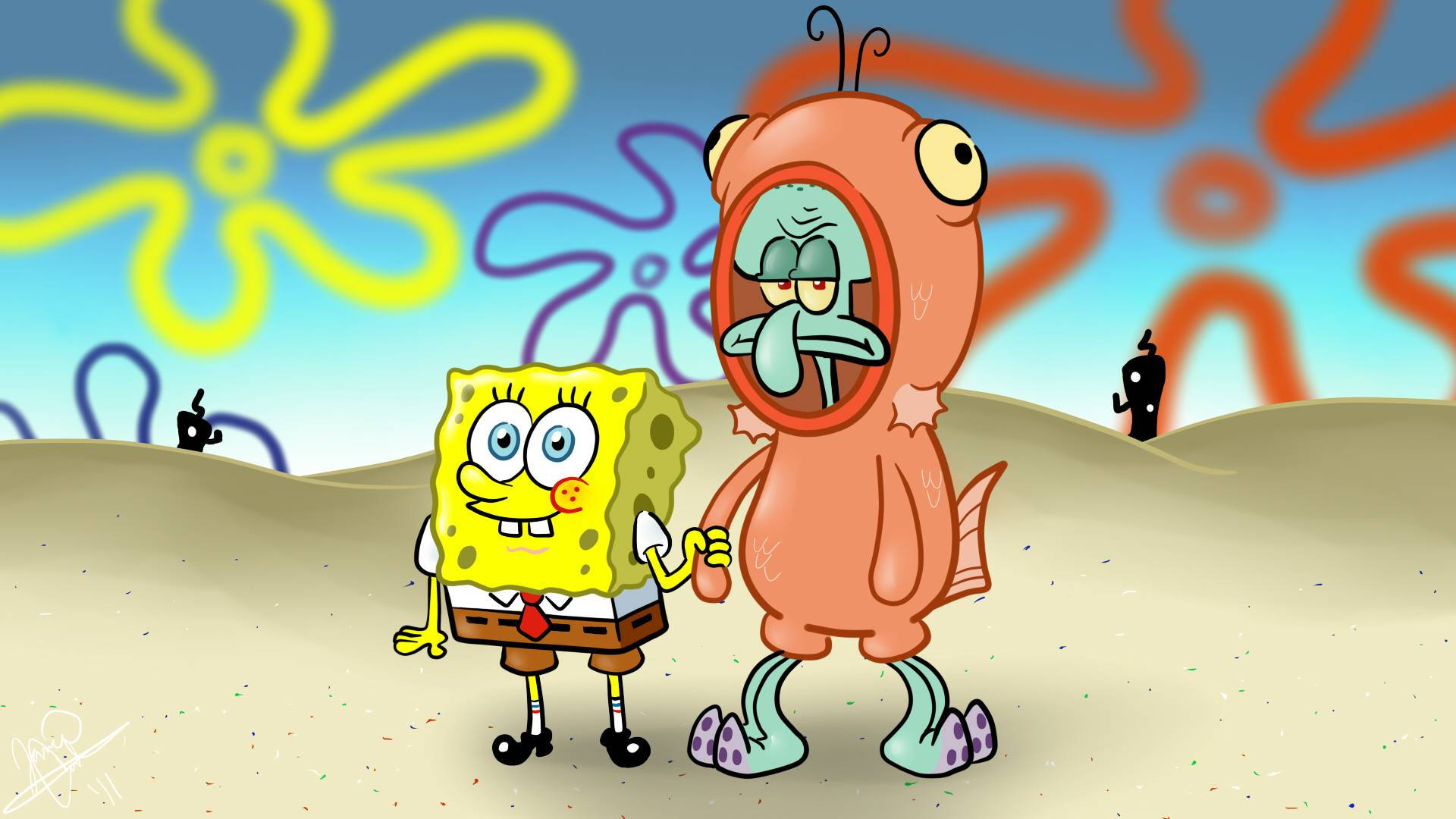 Tentacles 桌布 壁紙 — 海綿寶寶在沙質海底上，與穿著魚裝的脾氣暴躁的章魚哥旁邊開心地微笑。