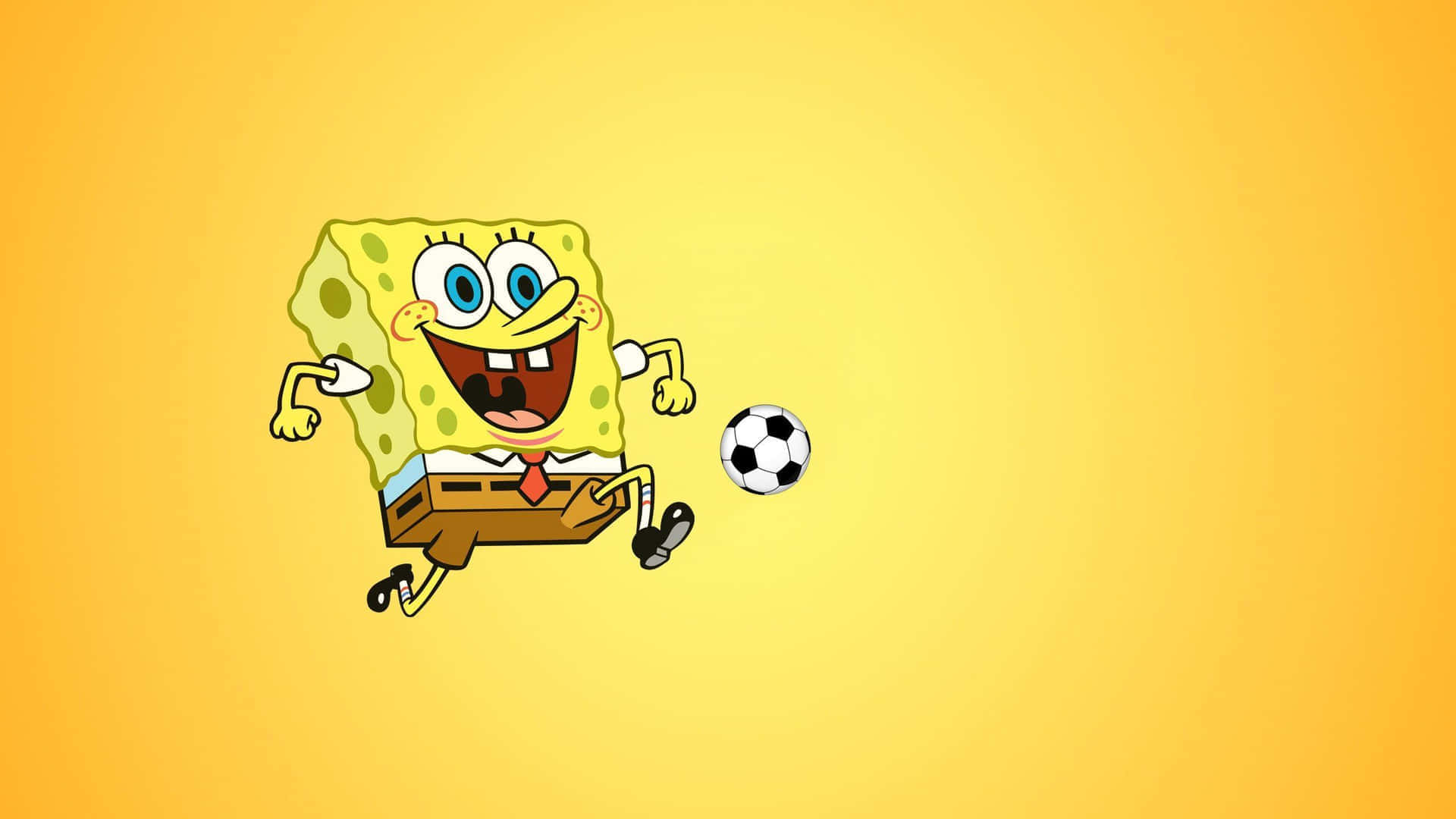 Aesthetic Spongebob 桌布 壁紙 — 海綿寶寶在溫暖的黃色漸層背景上愉快地踢足球。