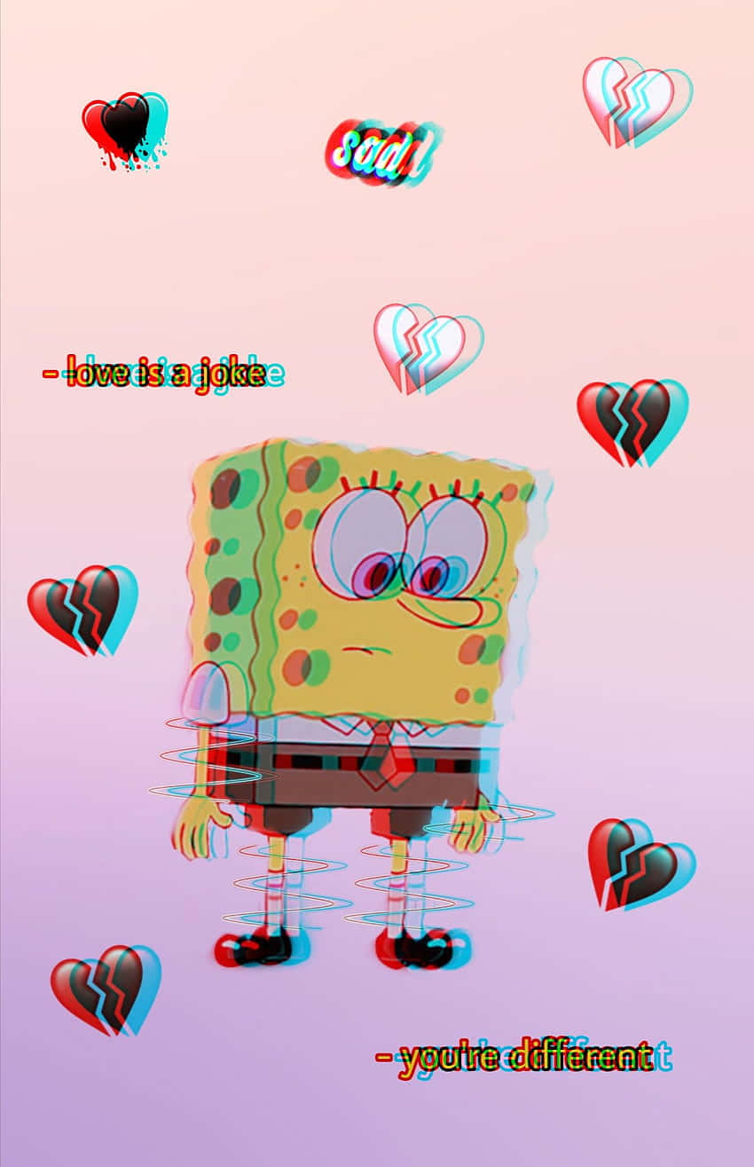 Broken Heart Aesthetics 桌布 壁紙 — 海綿寶寶在粉彩漸變背景上，被破碎的心和故障文字包圍，看起來很傷心。