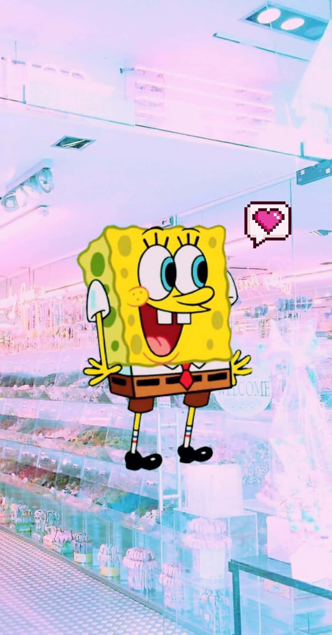 Aesthetic Funny Phone 桌布 壁紙 — 海綿寶寶在粉紅和粉藍色的店鋪裡，帶著漂浮的架子和像素愛心，開心地微笑。