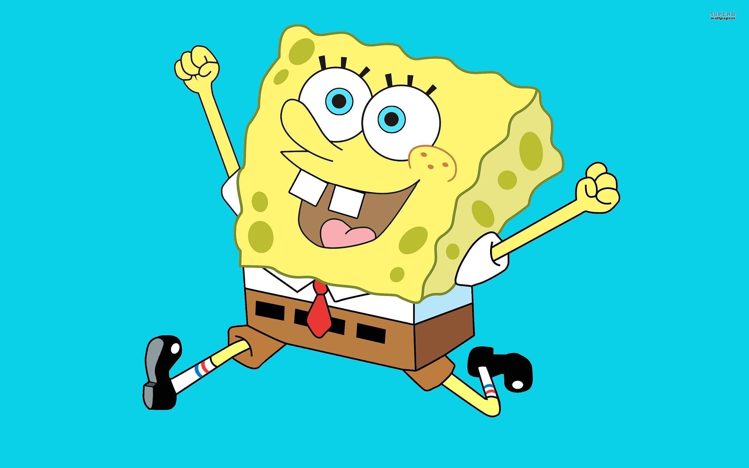 spongebob squarepants 桌布 壁紙 — 海綿寶寶在純綠松色背景前高興地跳起，拳頭高舉。