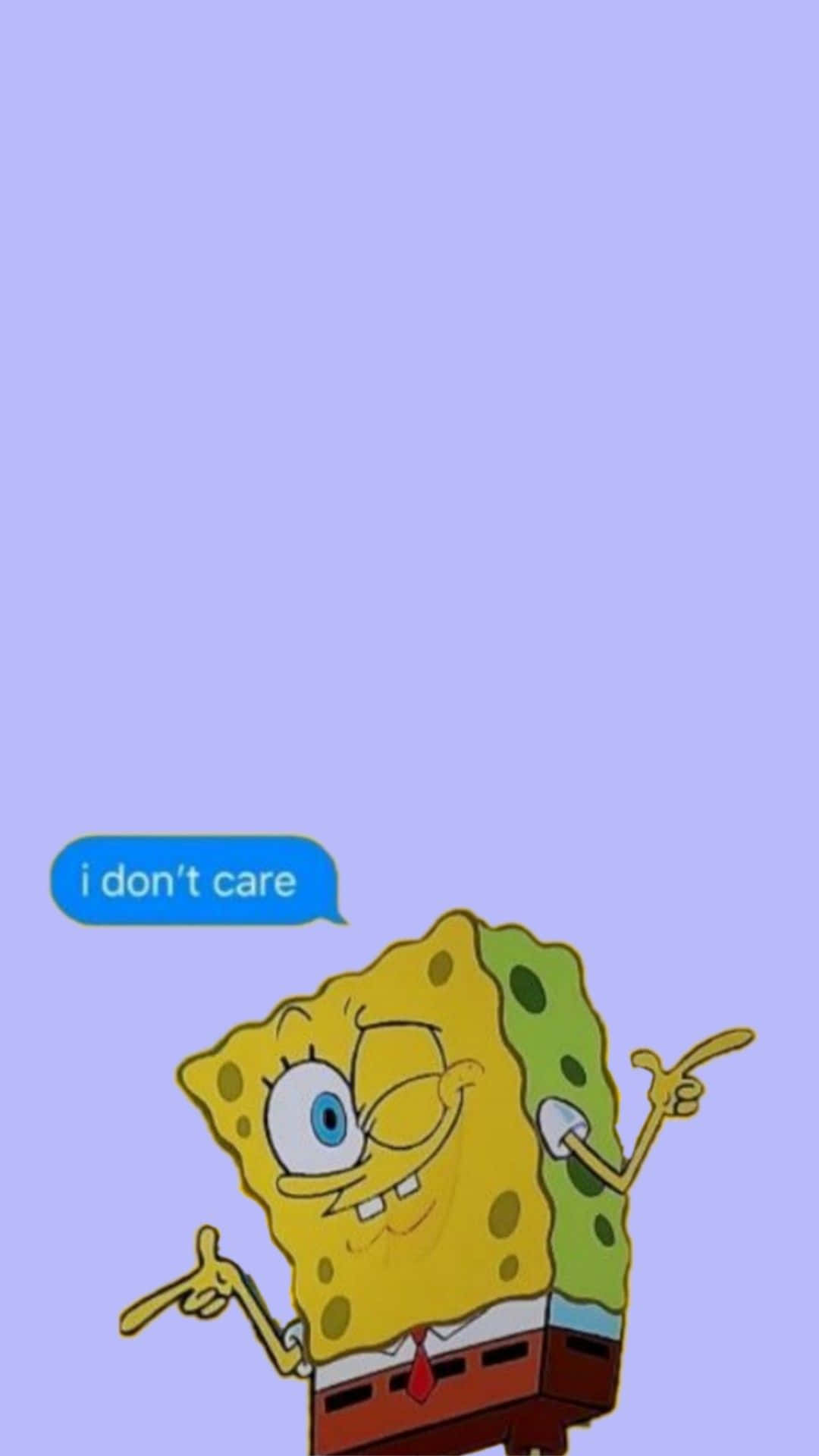 spongebob squarepants 桌布 壁紙 — 海綿寶寶在純薰衣草色背景上聳肩，露出得意的笑容，對話框寫著我不在乎。