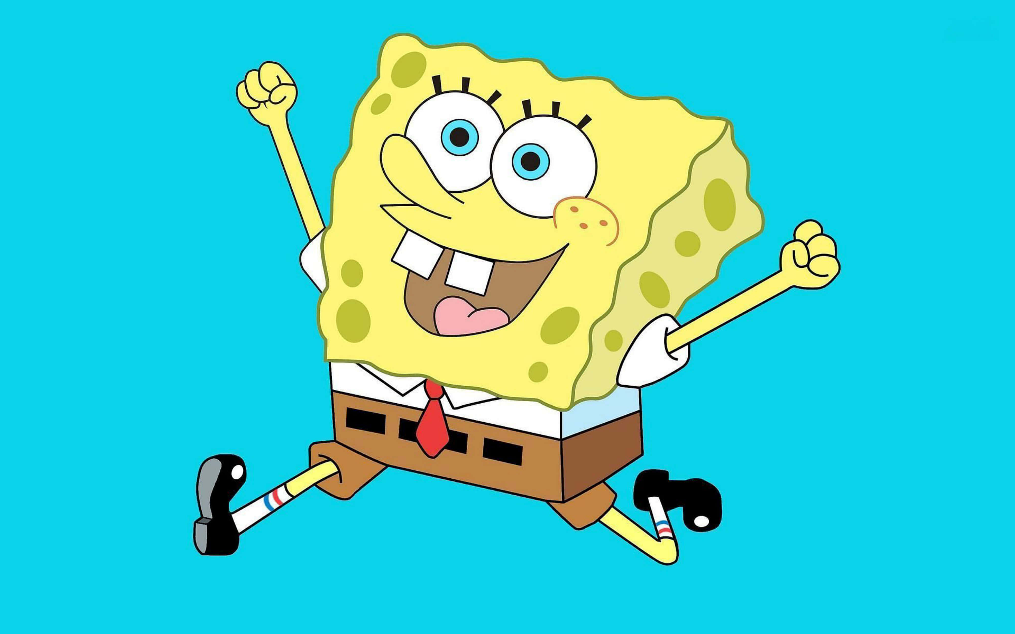 Spongebob Characters 桌布 壁紙 — 海綿寶寶在純藍綠色背景前高興地跳躍，拳頭高舉。