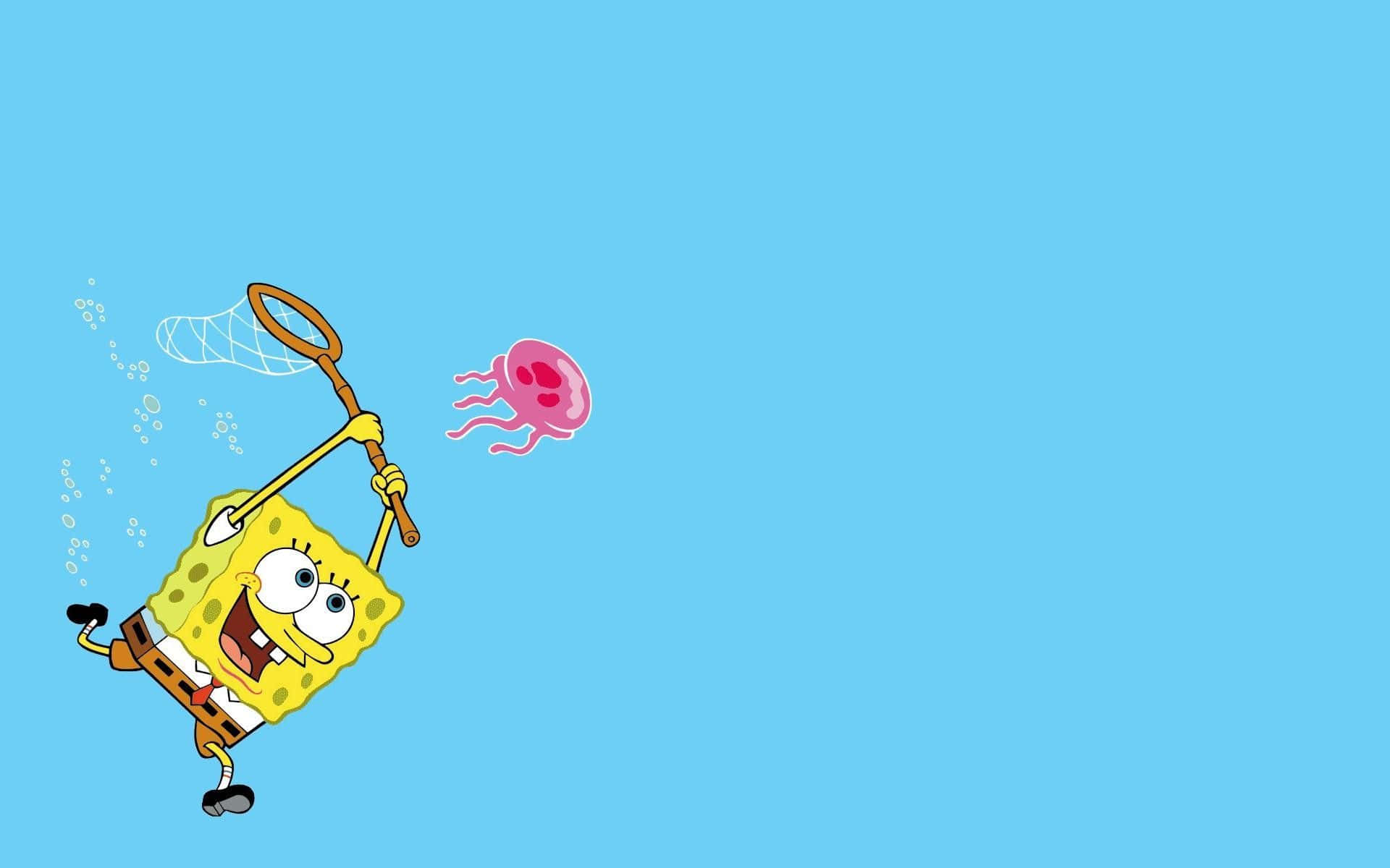 Aesthetic Spongebob 桌布 壁紙 — 海綿寶寶在純藍色背景上用網子快樂地追逐粉紅色水母。
