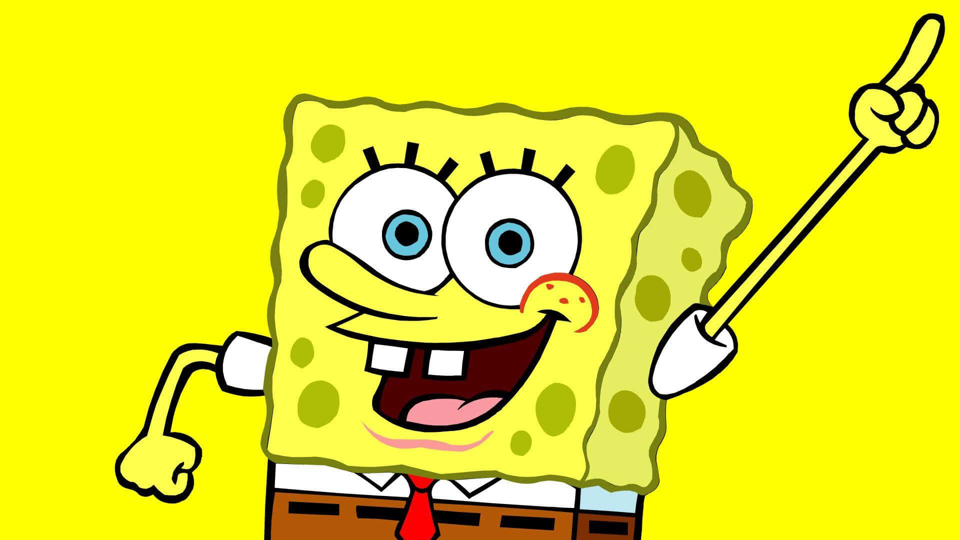 Spongebob Characters 桌布 壁紙 — 海綿寶寶在純黃色背景上微笑著向上指。